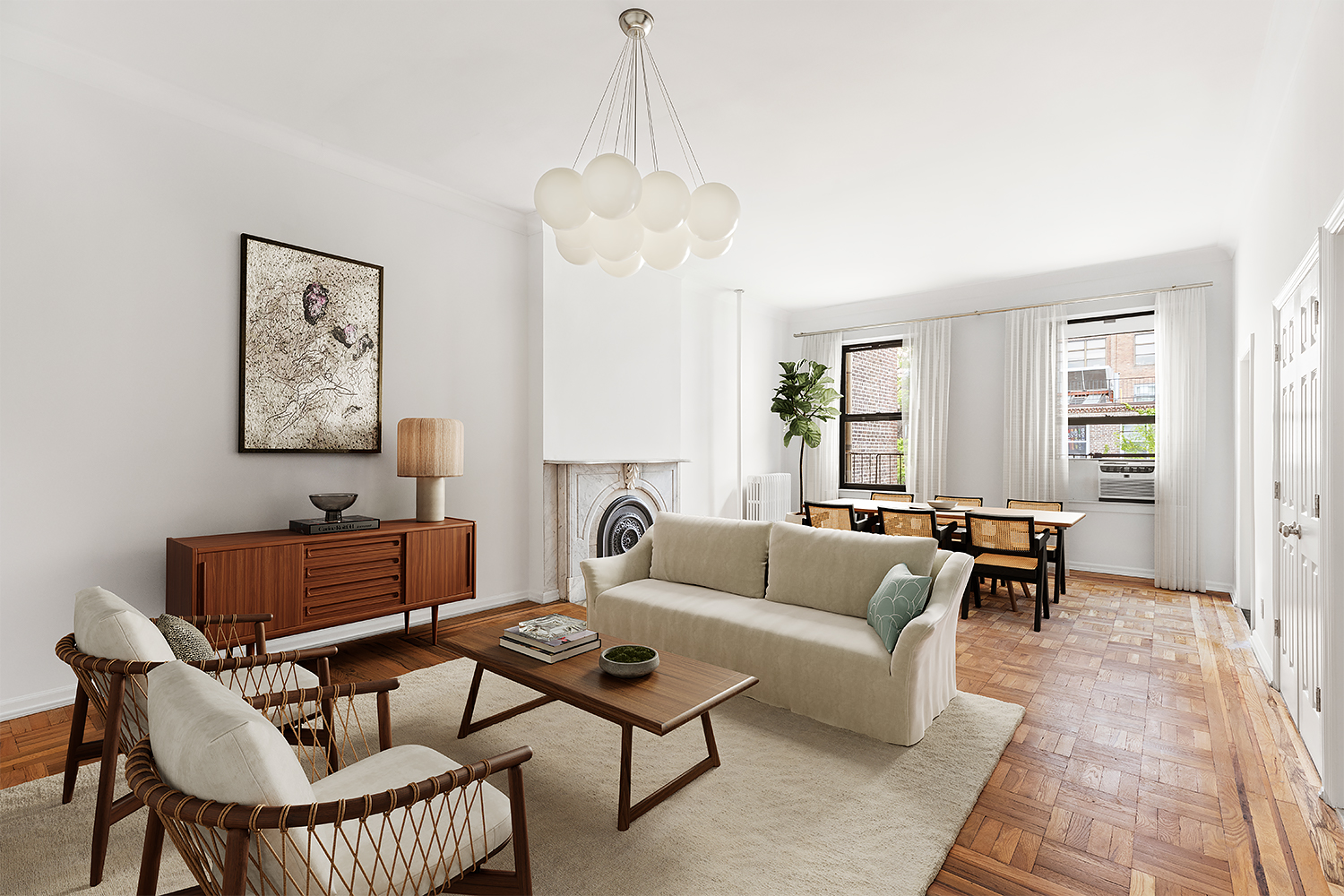 a living room with furniture a dining table and a window