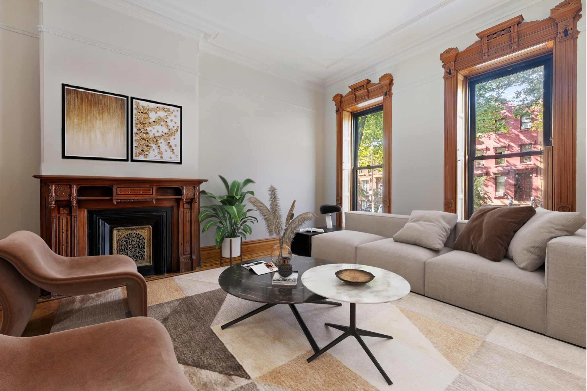 a living room with furniture fireplace and window