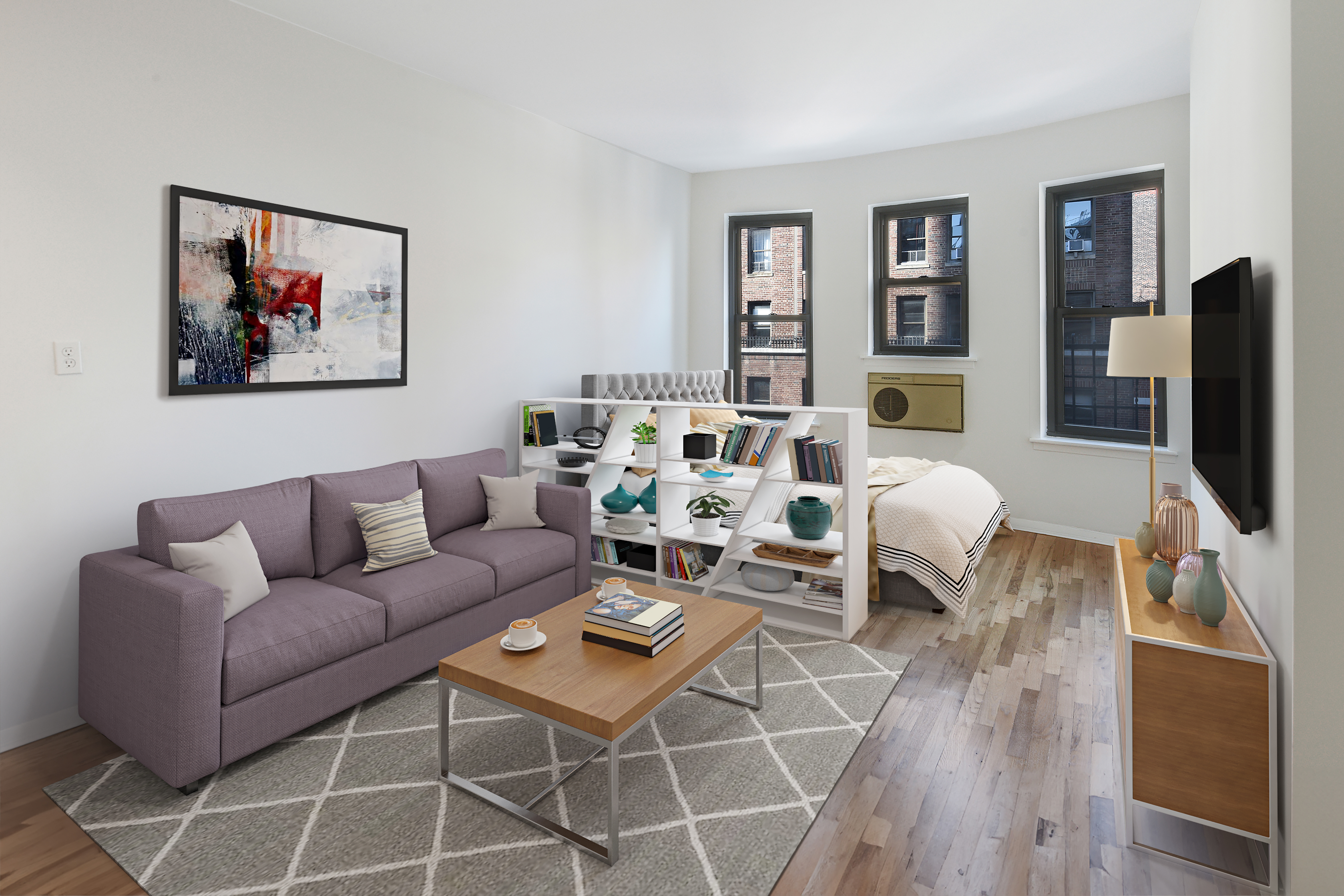 a living room with furniture a flat screen tv and a floor to ceiling window