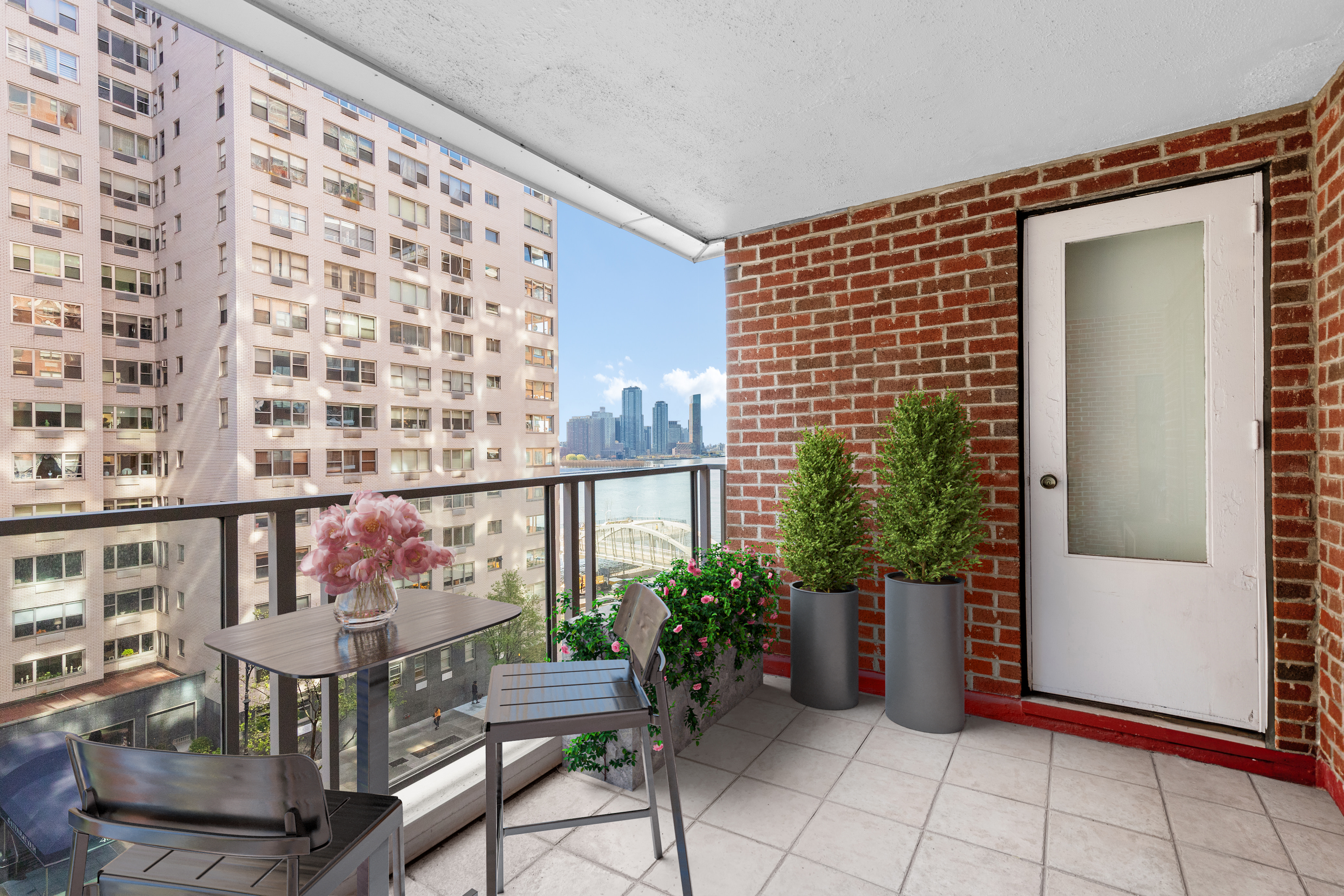 a view of a balcony with chairs