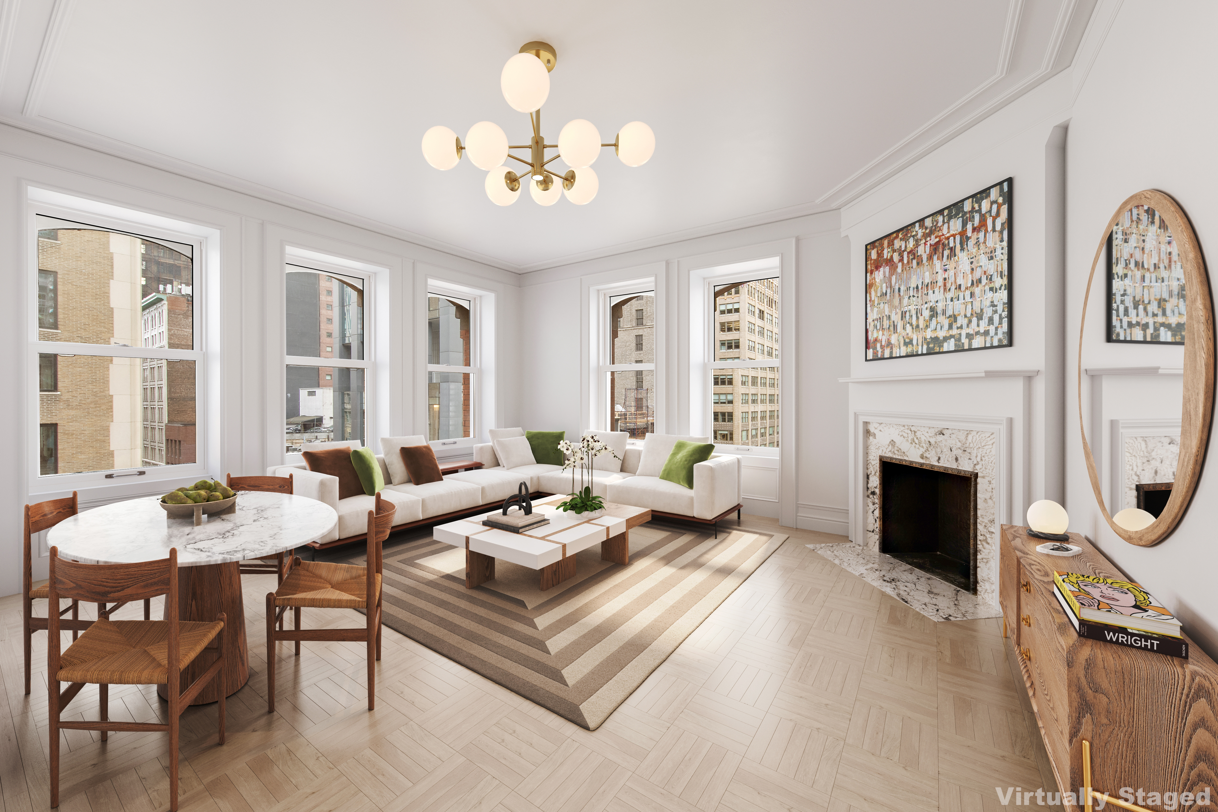 a living room with furniture a fireplace and a chandelier