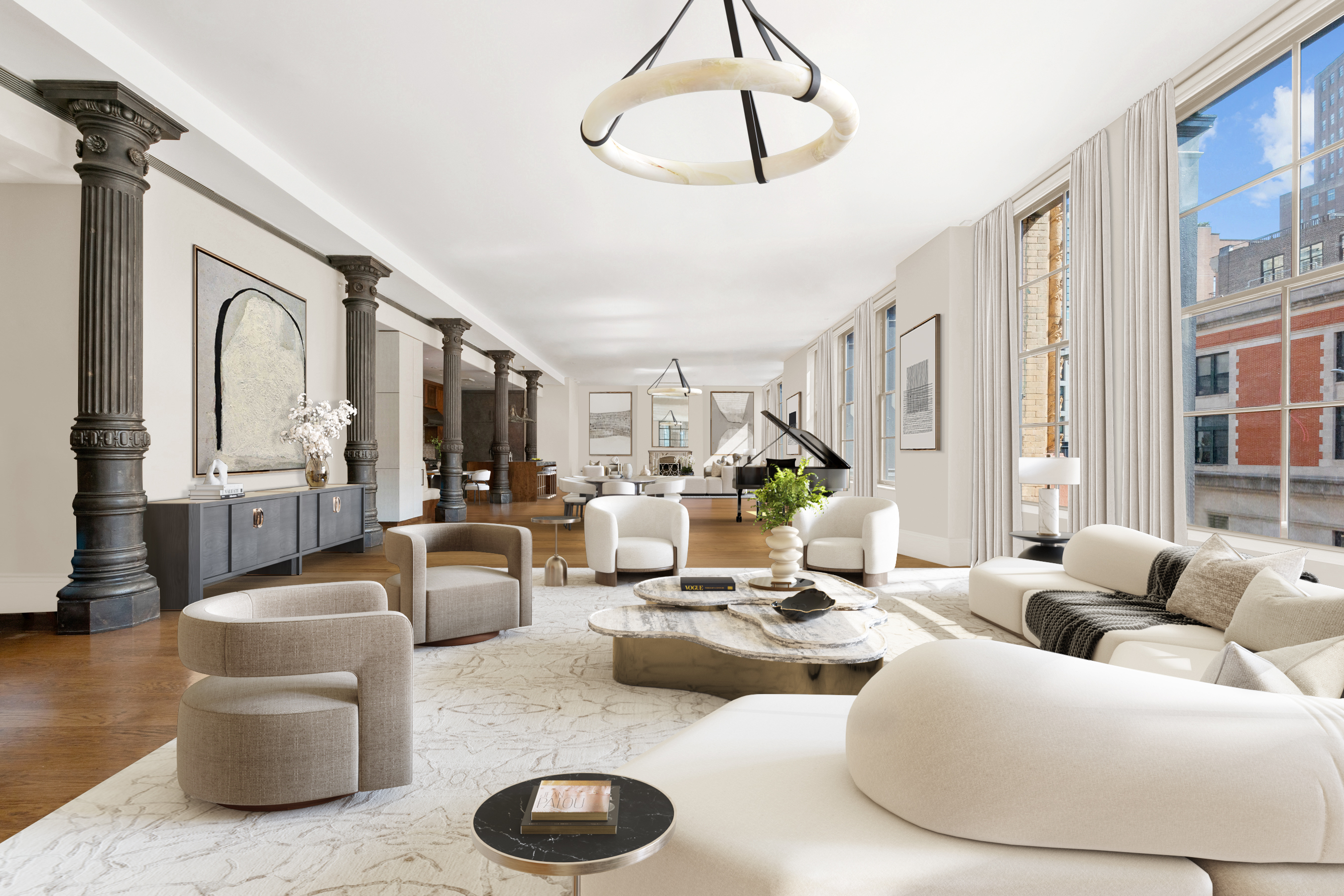 a living room with furniture potted plant and a chandelier