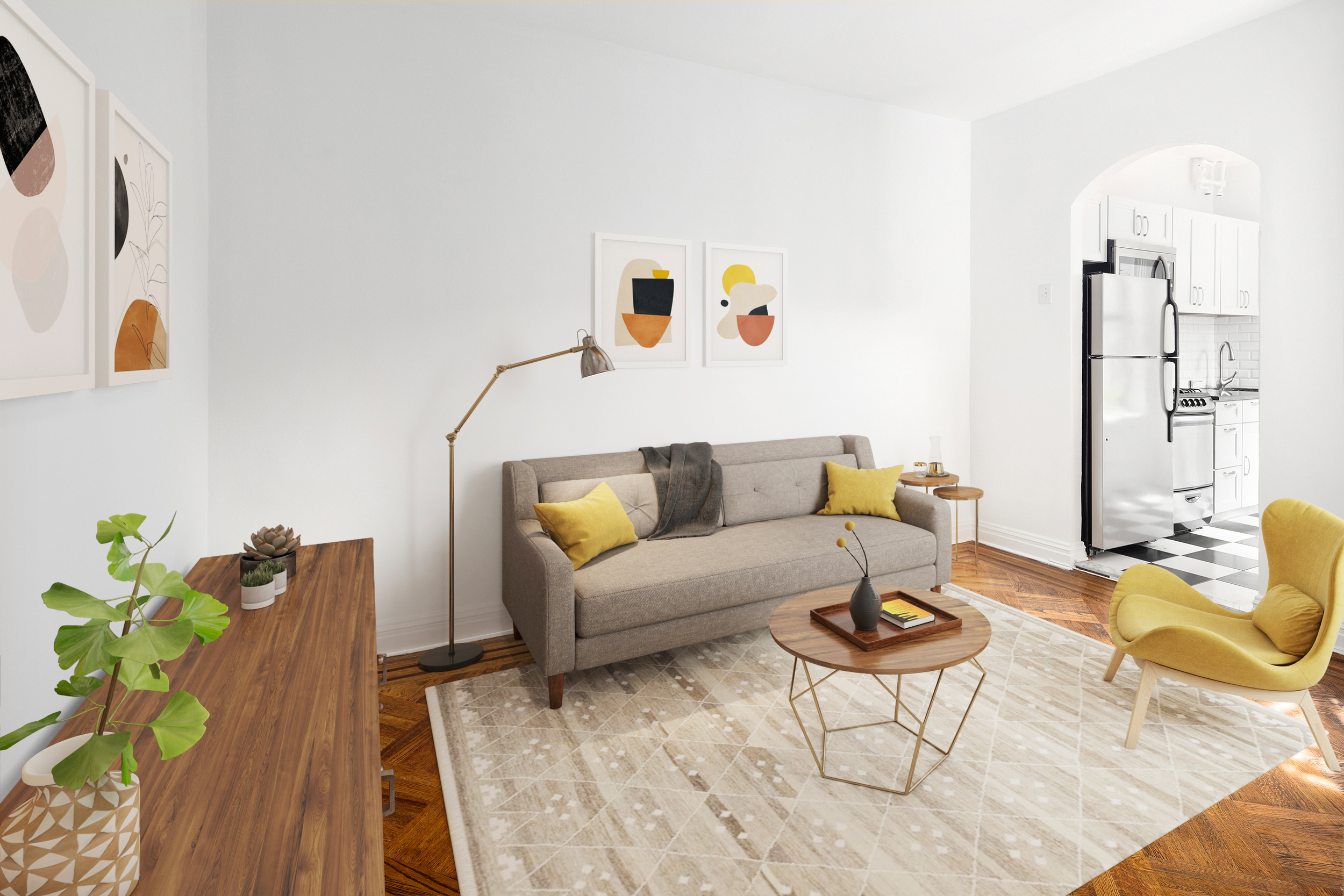 a living room with furniture and wooden floor