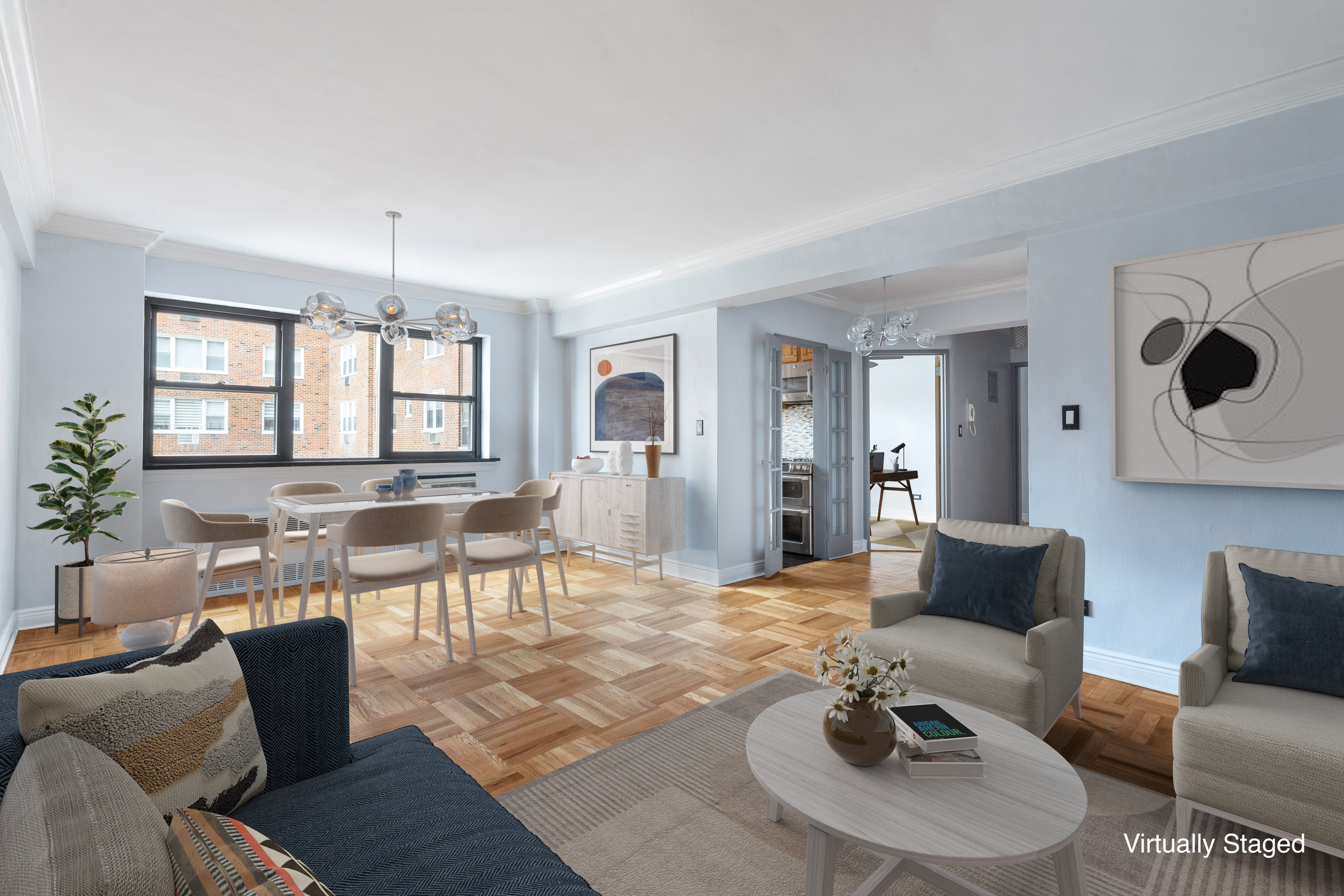 a living room with furniture and wooden floor