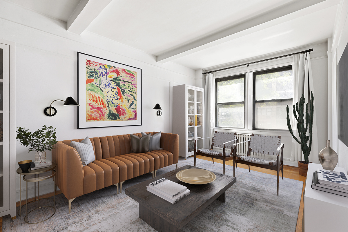 a living room with furniture and a potted plant