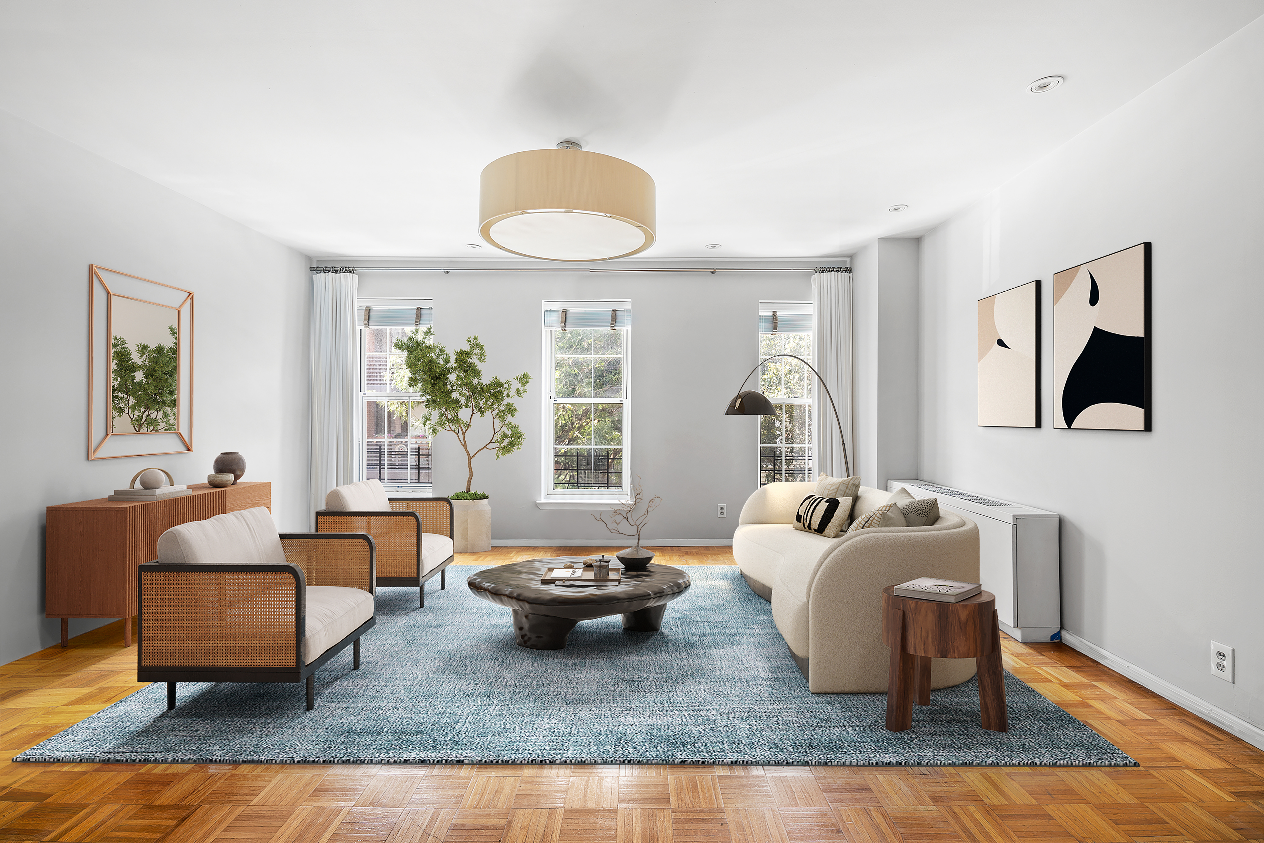 a living room with furniture rug and window