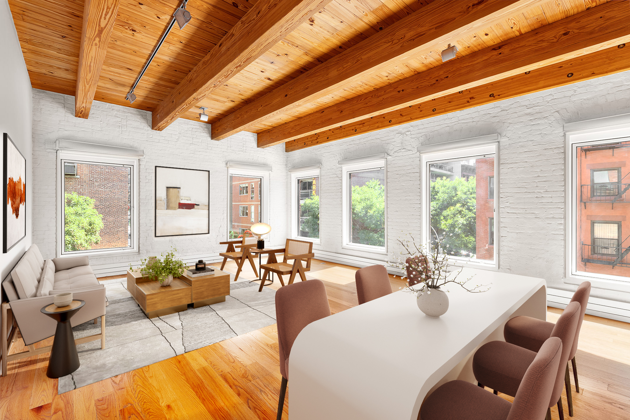 a living room with furniture floor to ceiling window and wooden floor