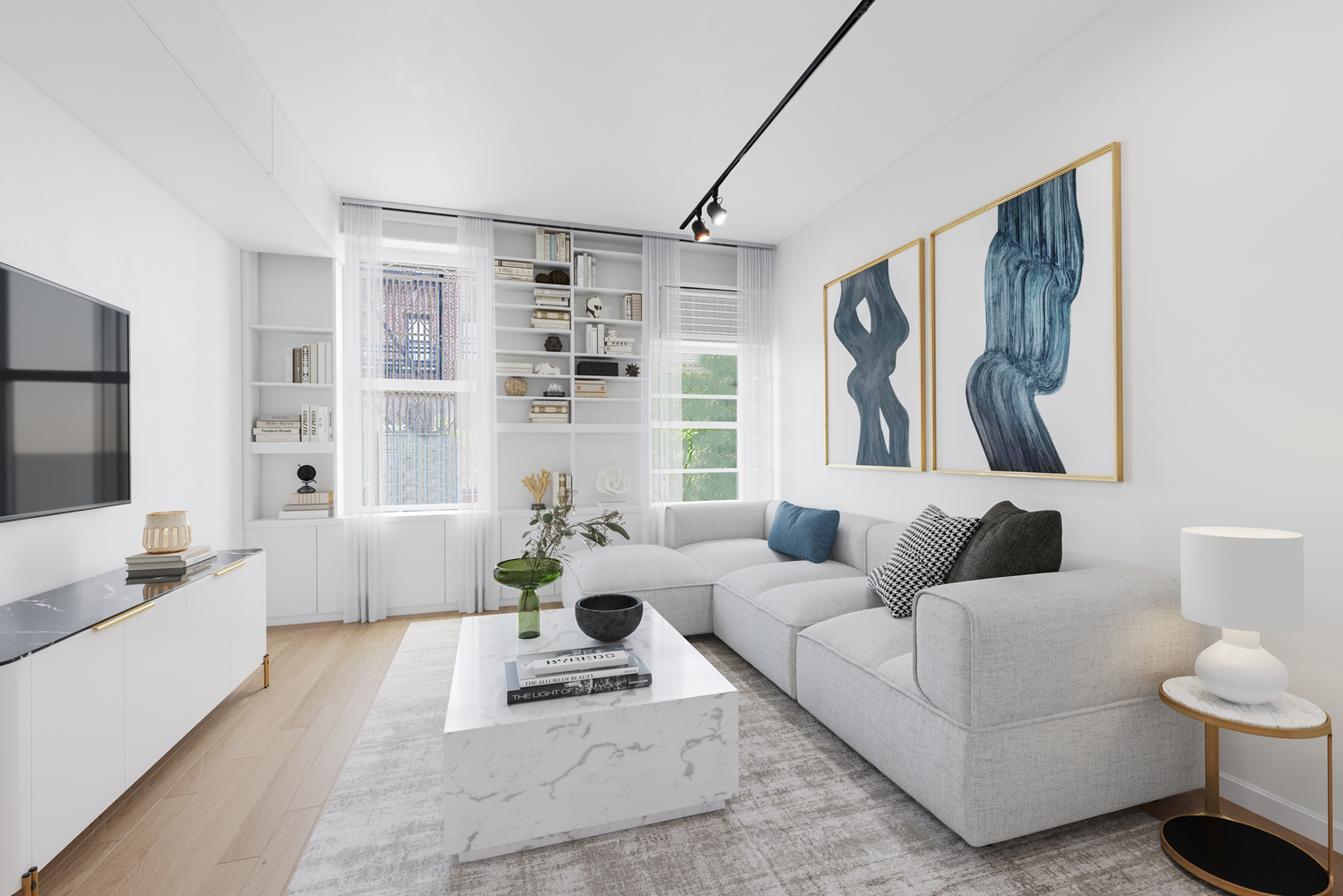 a living room with furniture and a large window