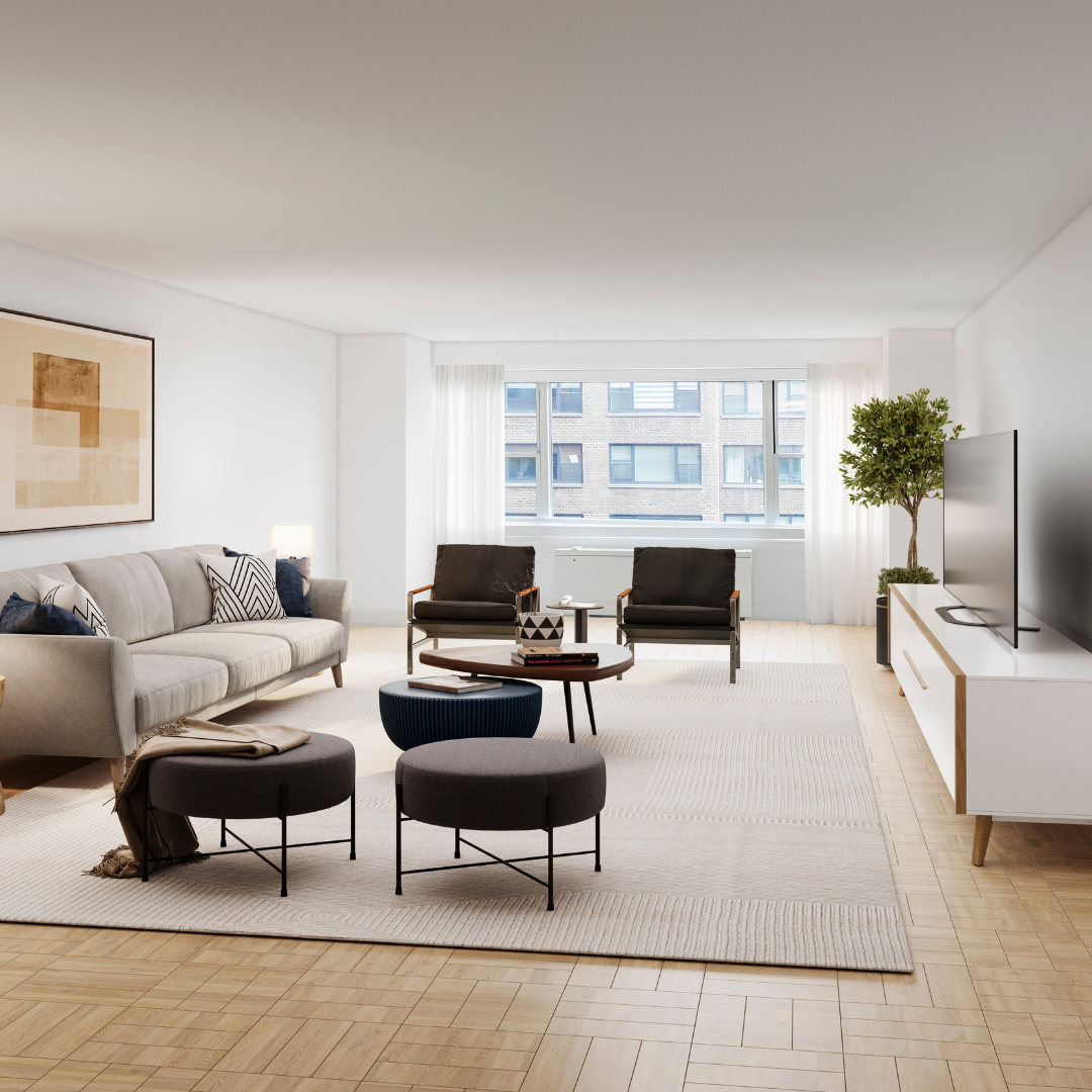 a living room with furniture a flat screen tv and a large window