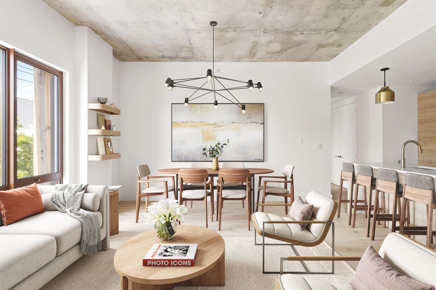 a living room with furniture and a table