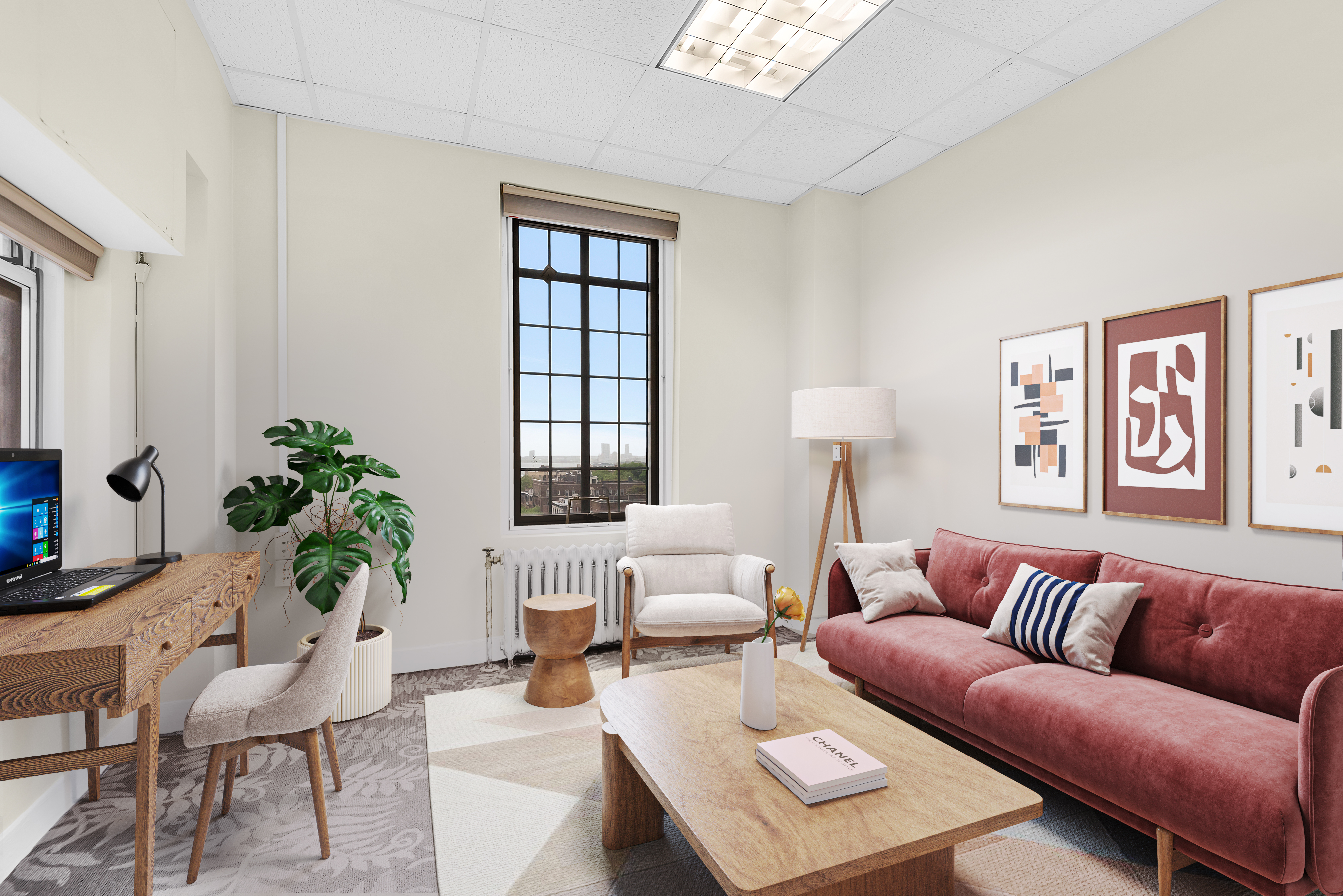 a living room with furniture and a potted plant