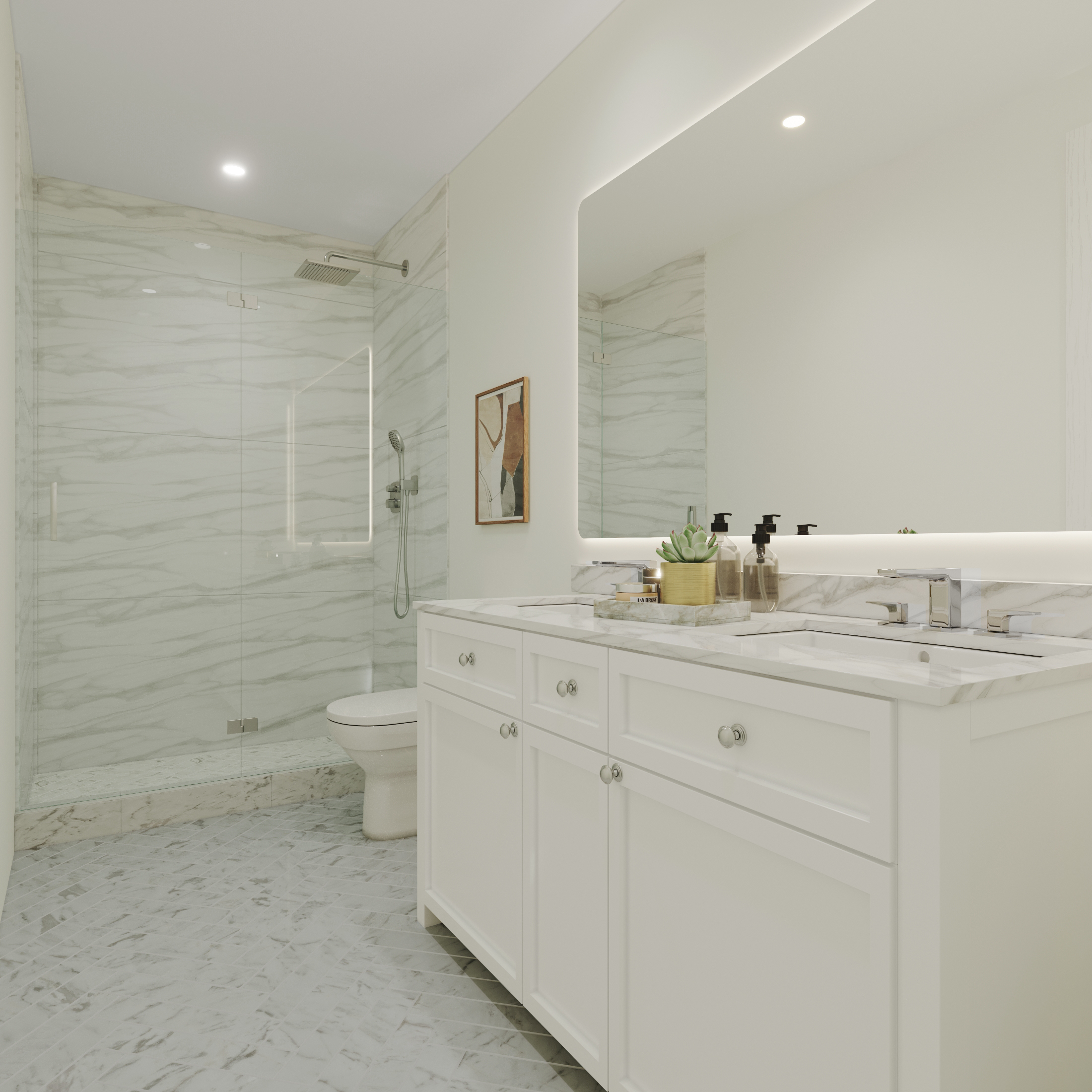 a bathroom with a granite countertop sink a toilet and a mirror