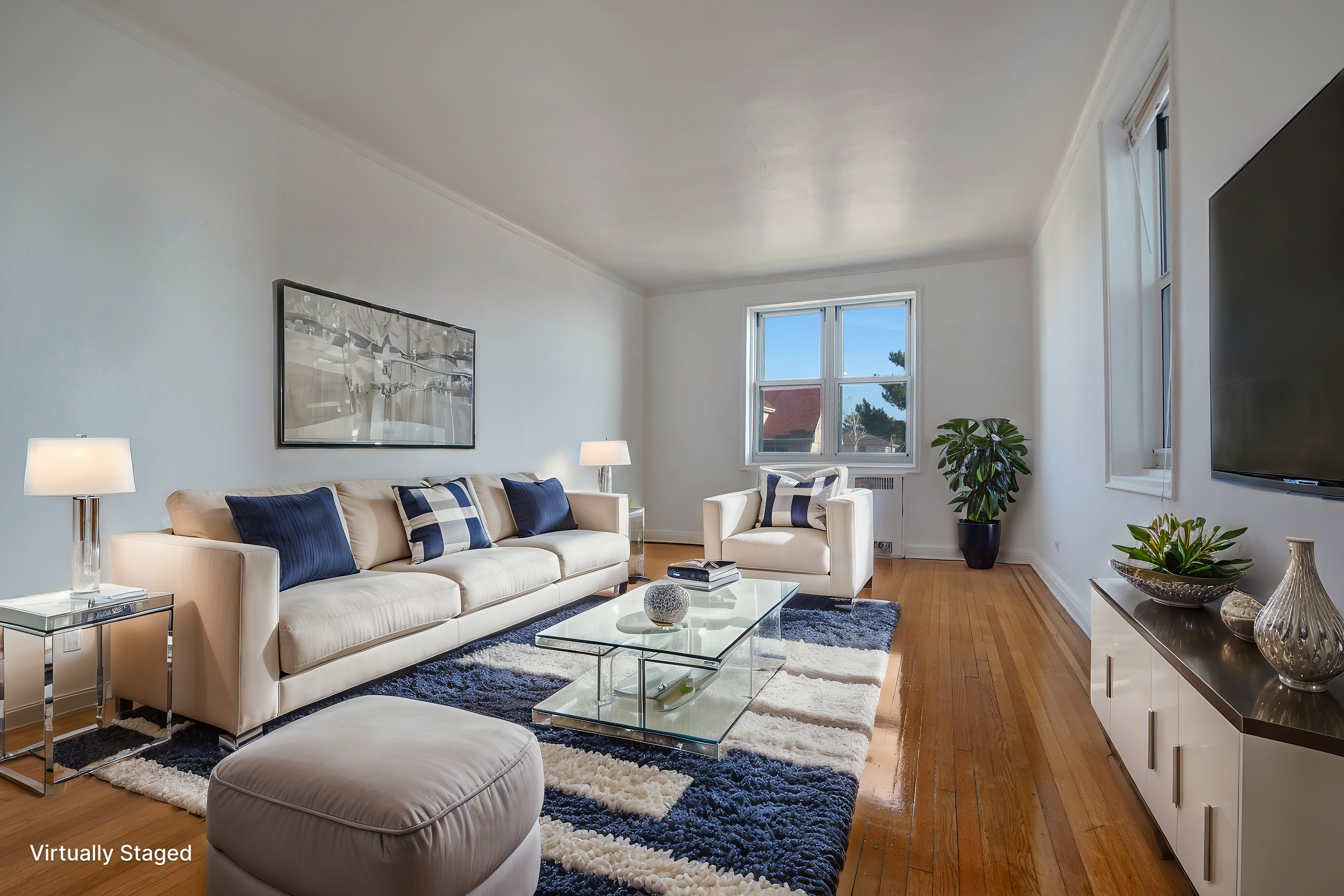 a living room with furniture potted plant and a flat screen tv