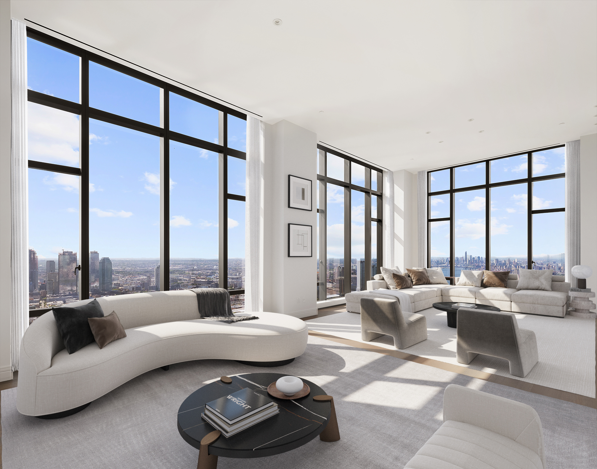 a living room with furniture and large windows