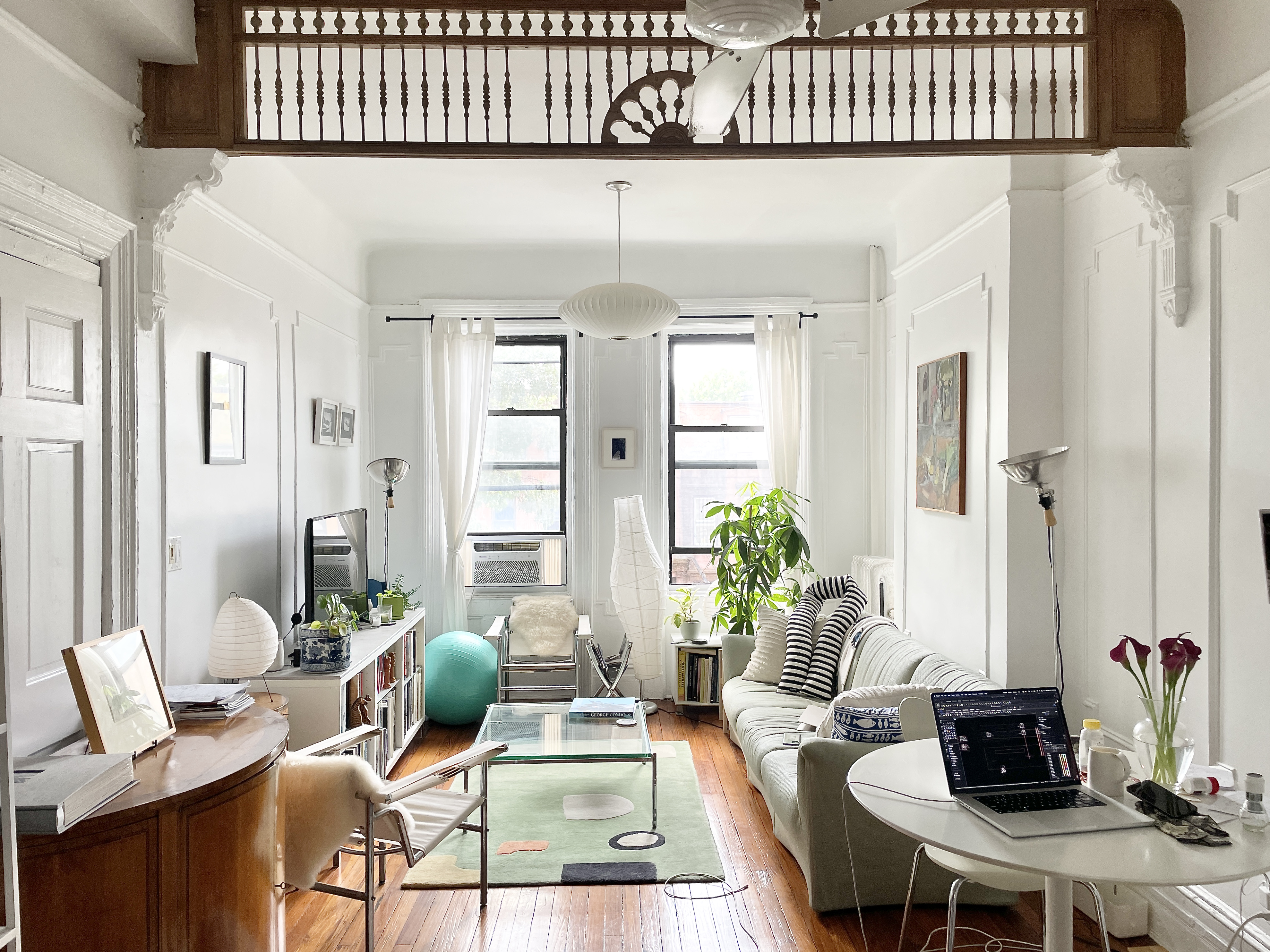 a living room with furniture a table and a potted plant