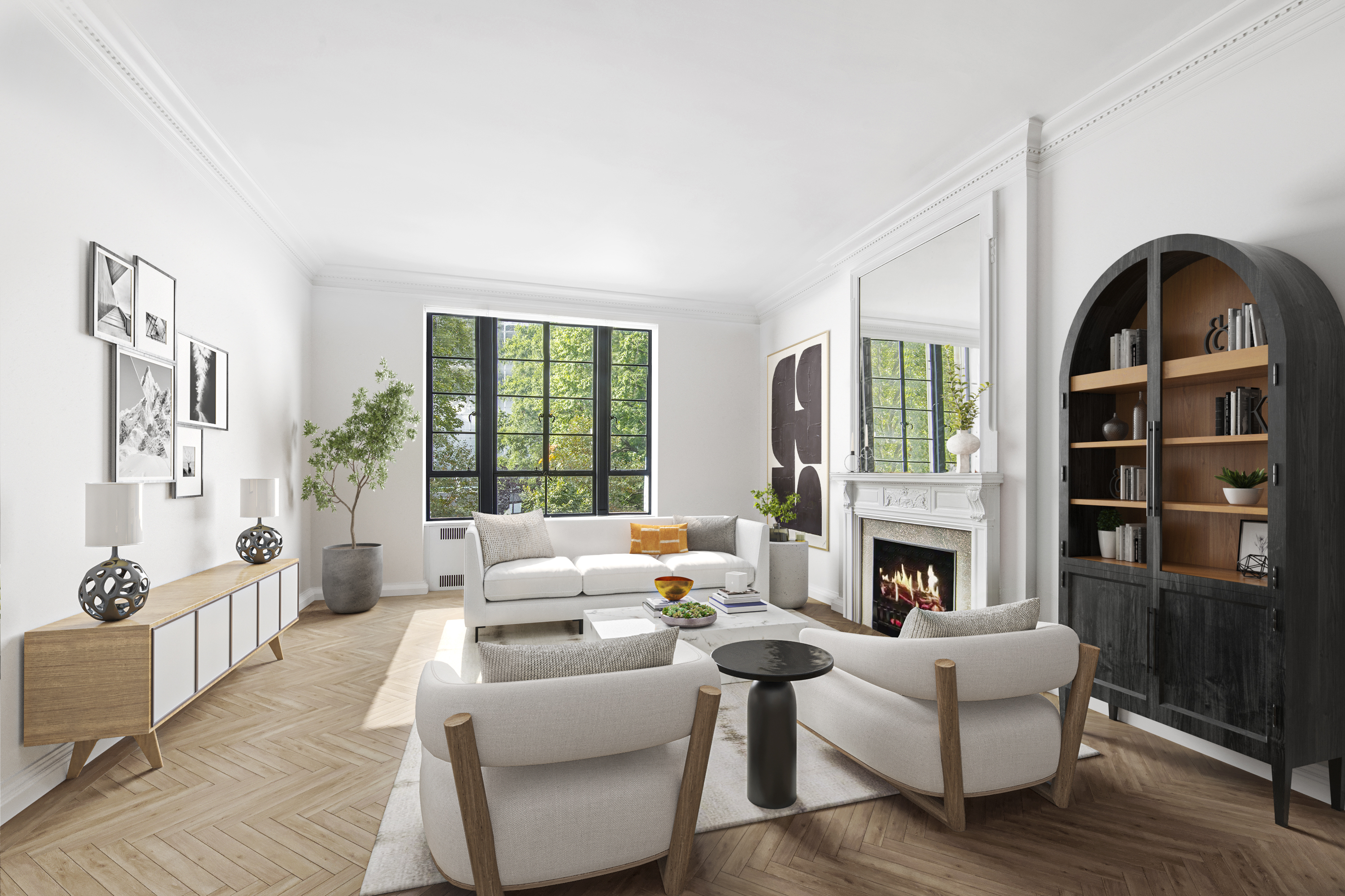 a living room with furniture fireplace and a large window