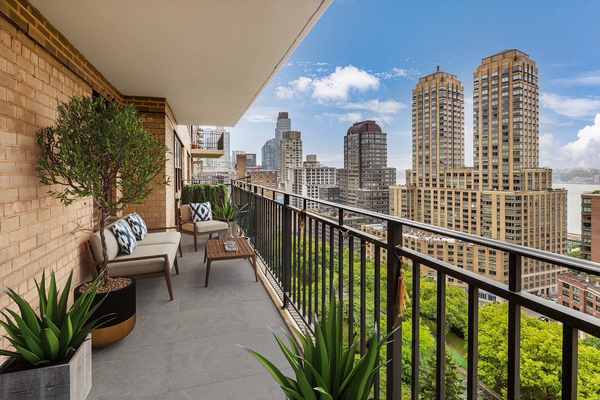 a view of balcony with furniture