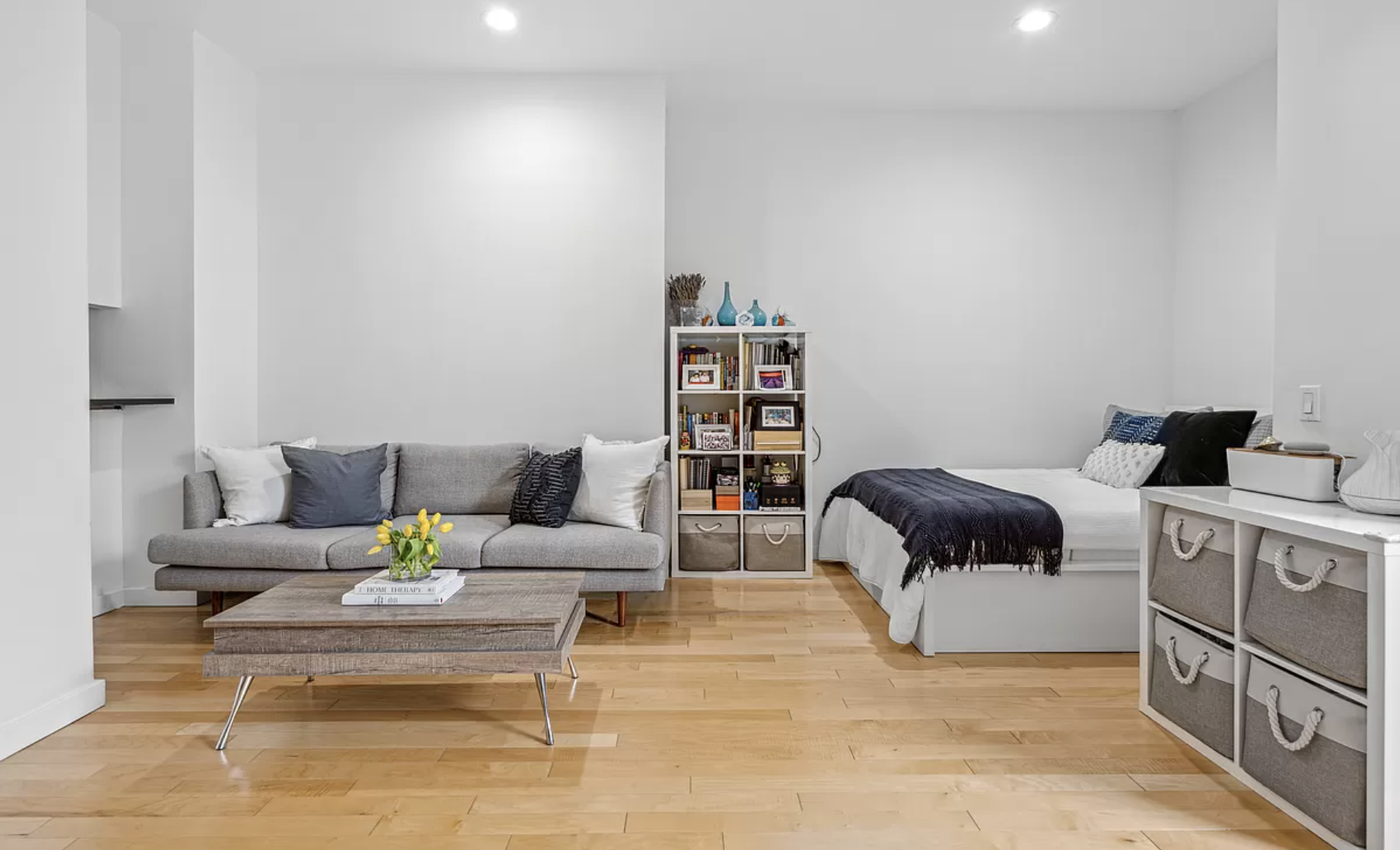 a living room with furniture and a book shelf