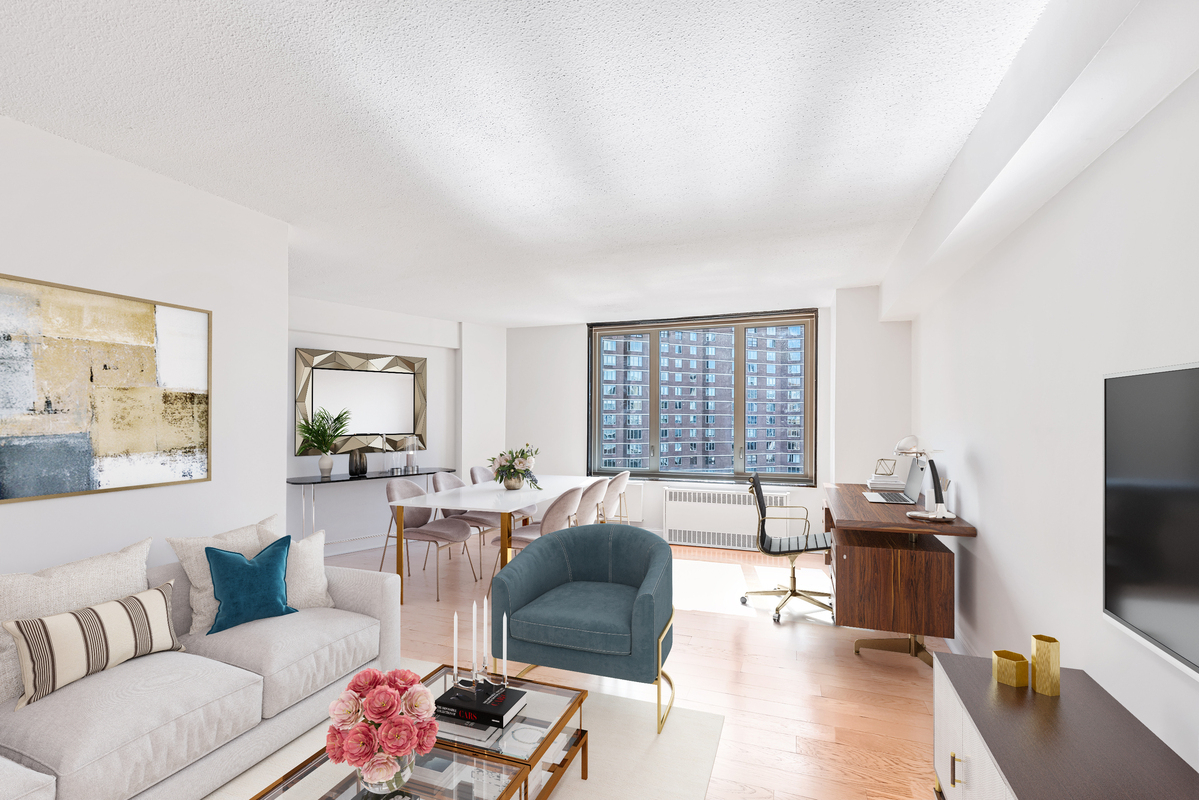 a living room with furniture a flat screen tv and a large window