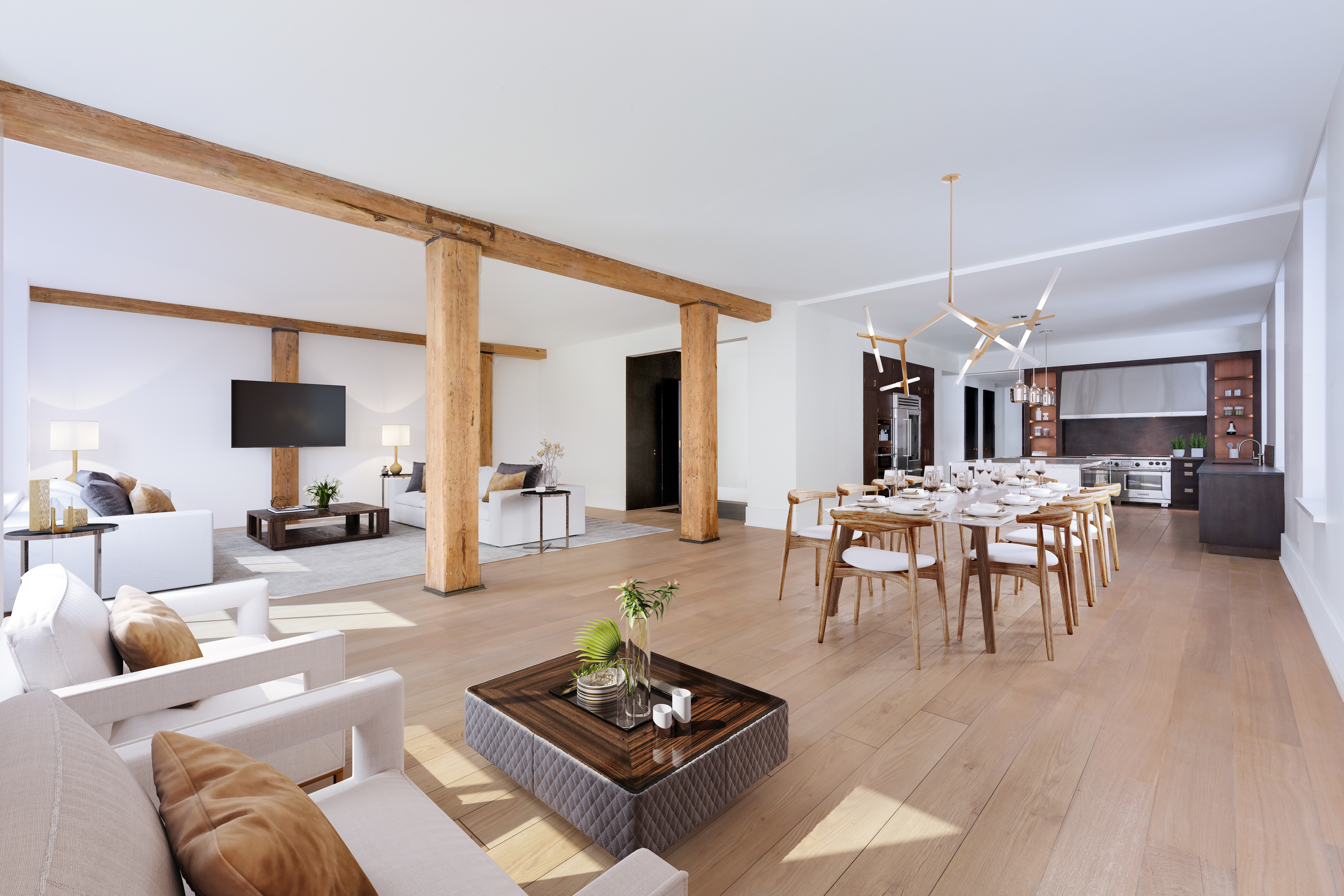 a living room with furniture a wooden floor and a large window