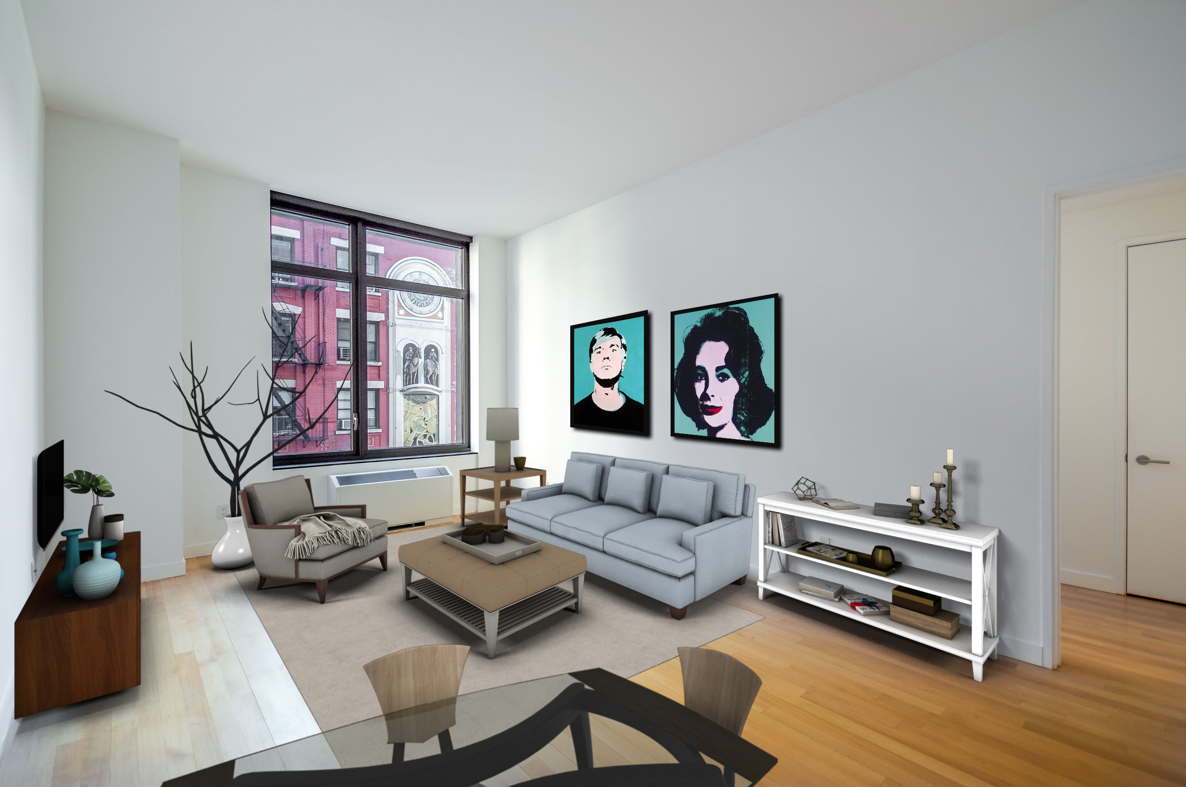 a living room with furniture a rug and a window