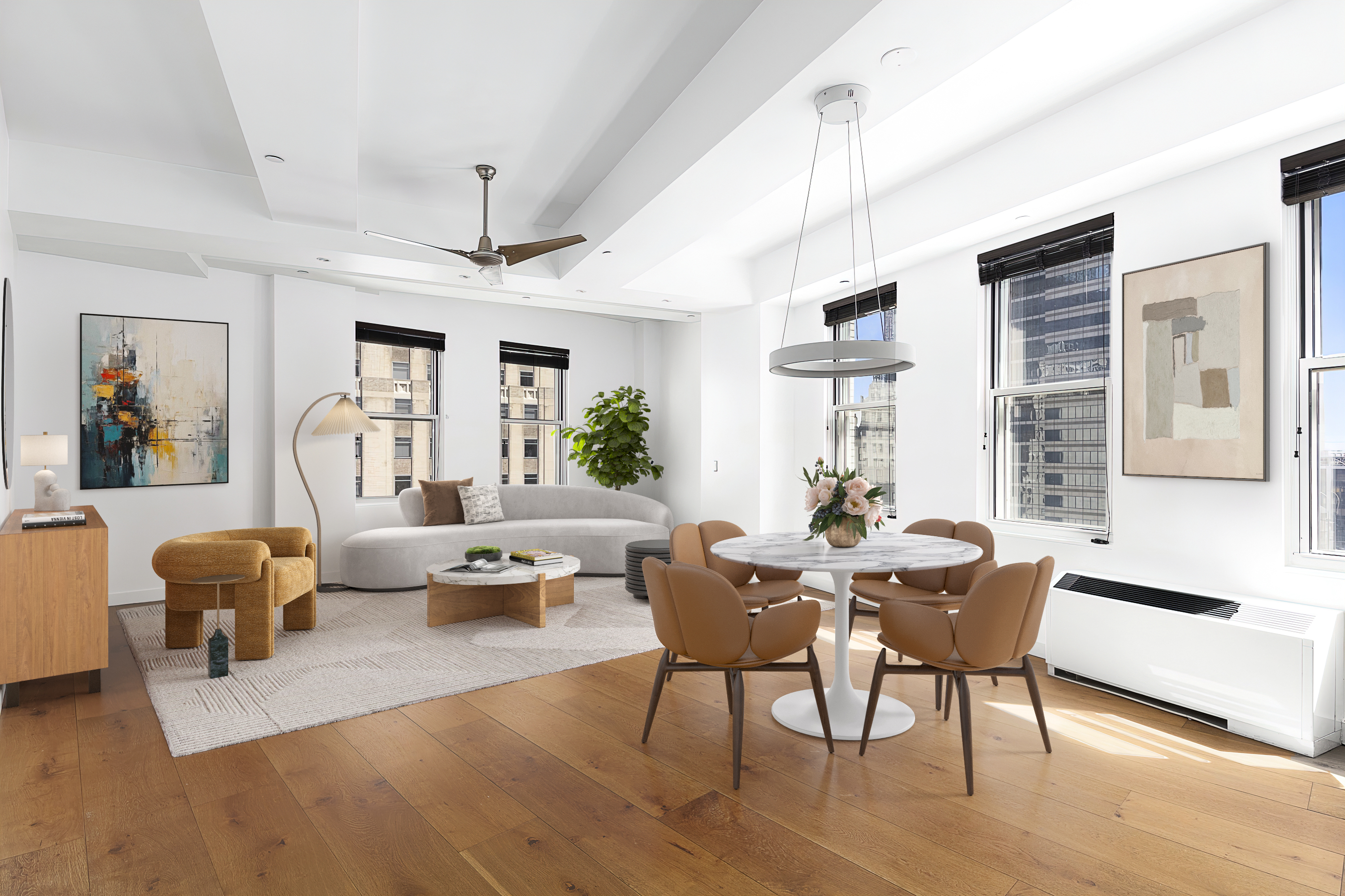 a view of a dining room with furniture window and wooden floor