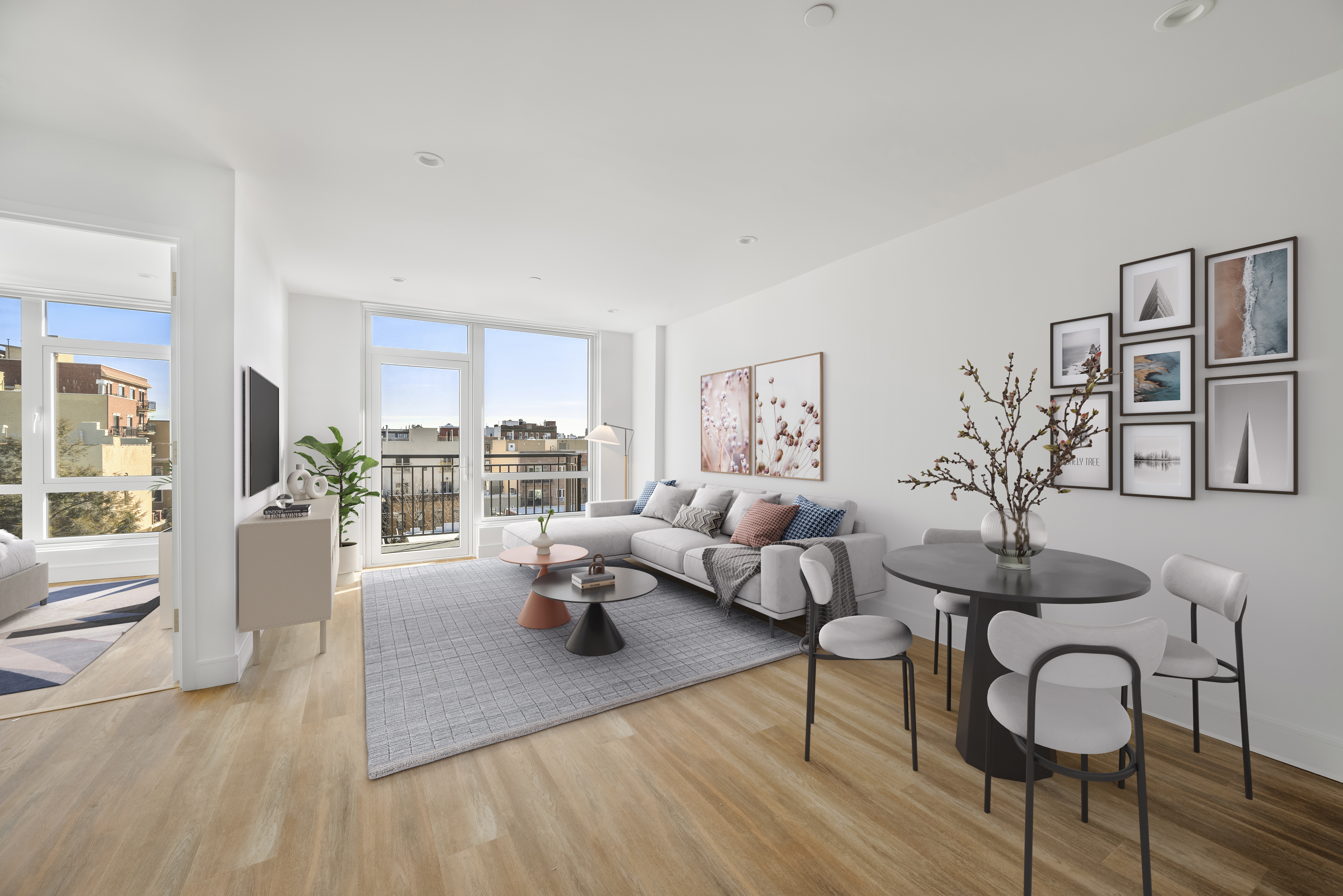 a living room with furniture and a table