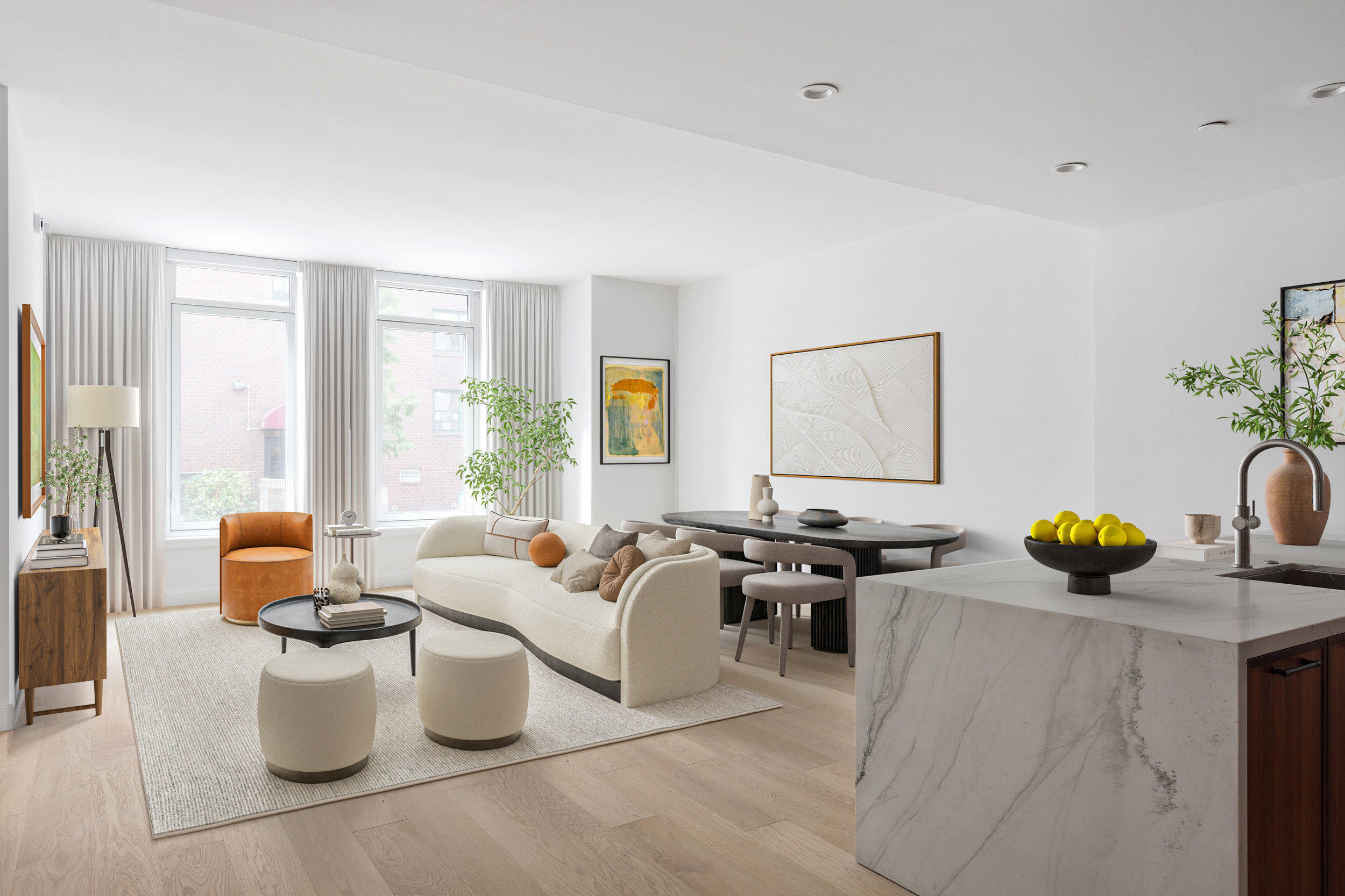 a living room with furniture and floor to ceiling windows