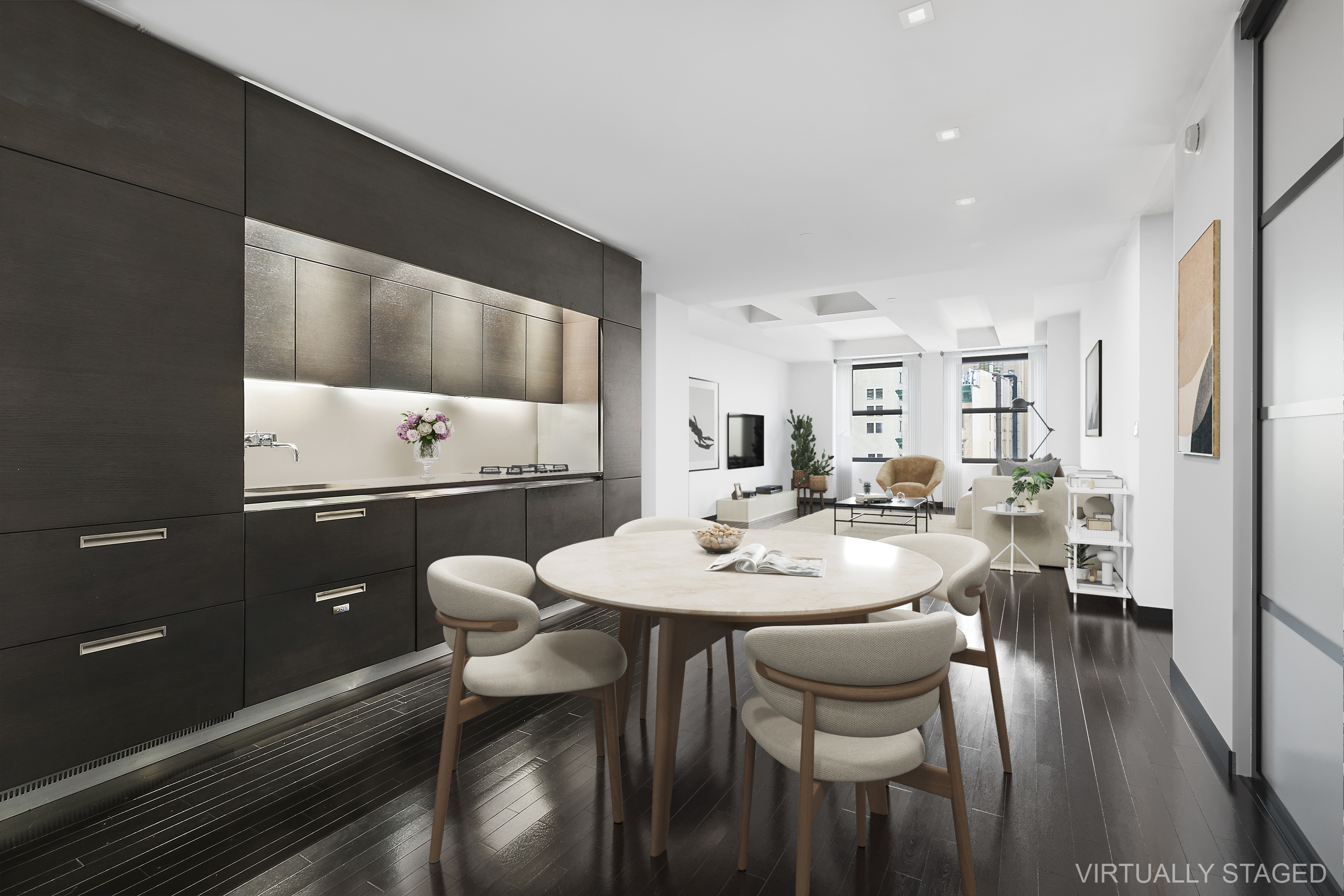 a view of a dining room with furniture