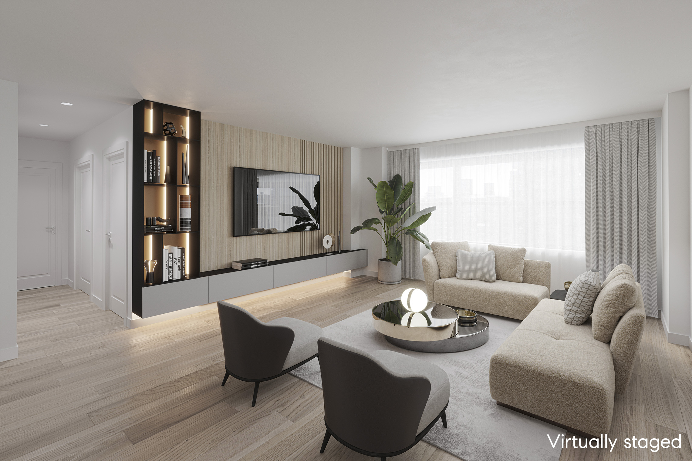 a living room with furniture and wooden floor