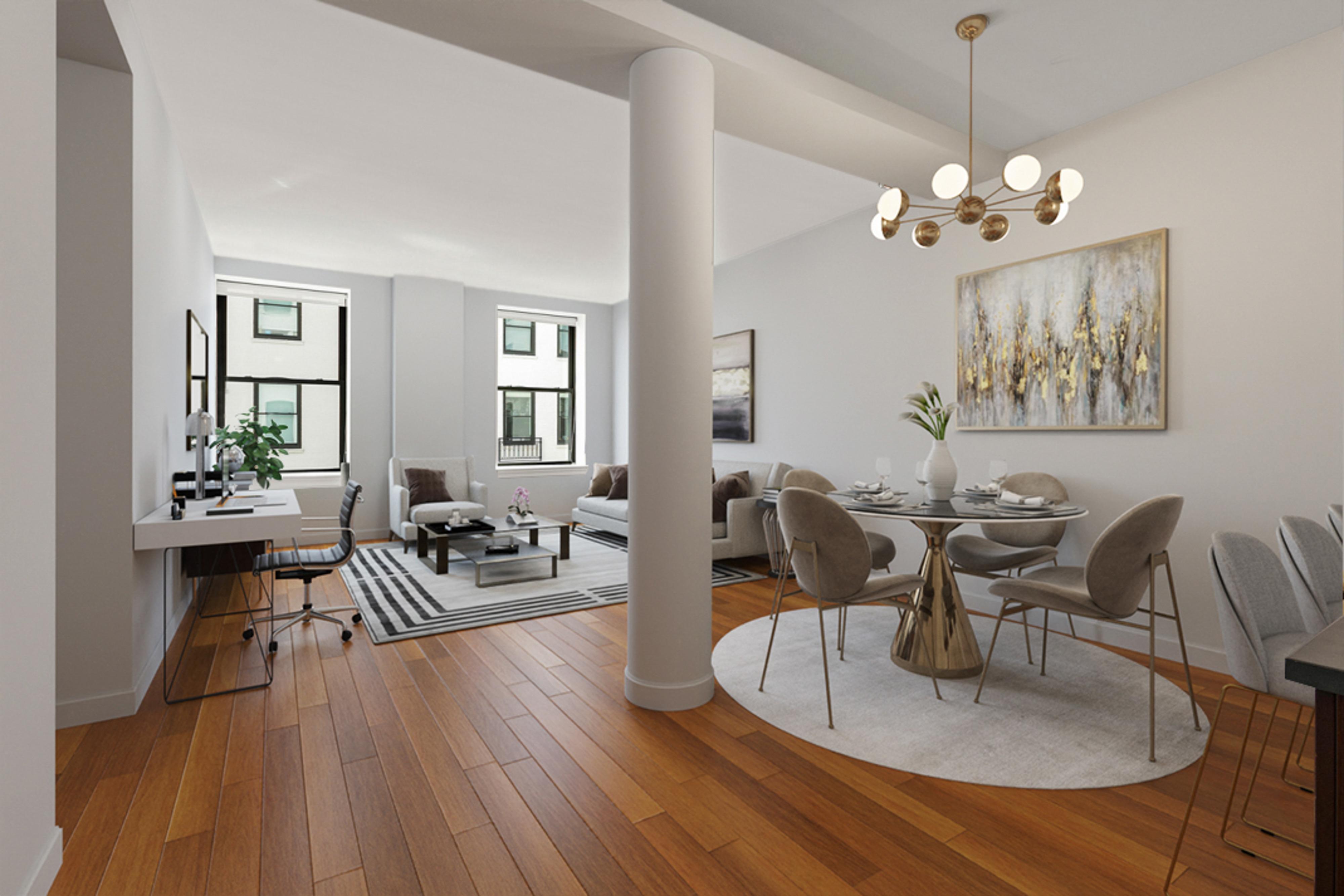 a living room with couches a table and chairs