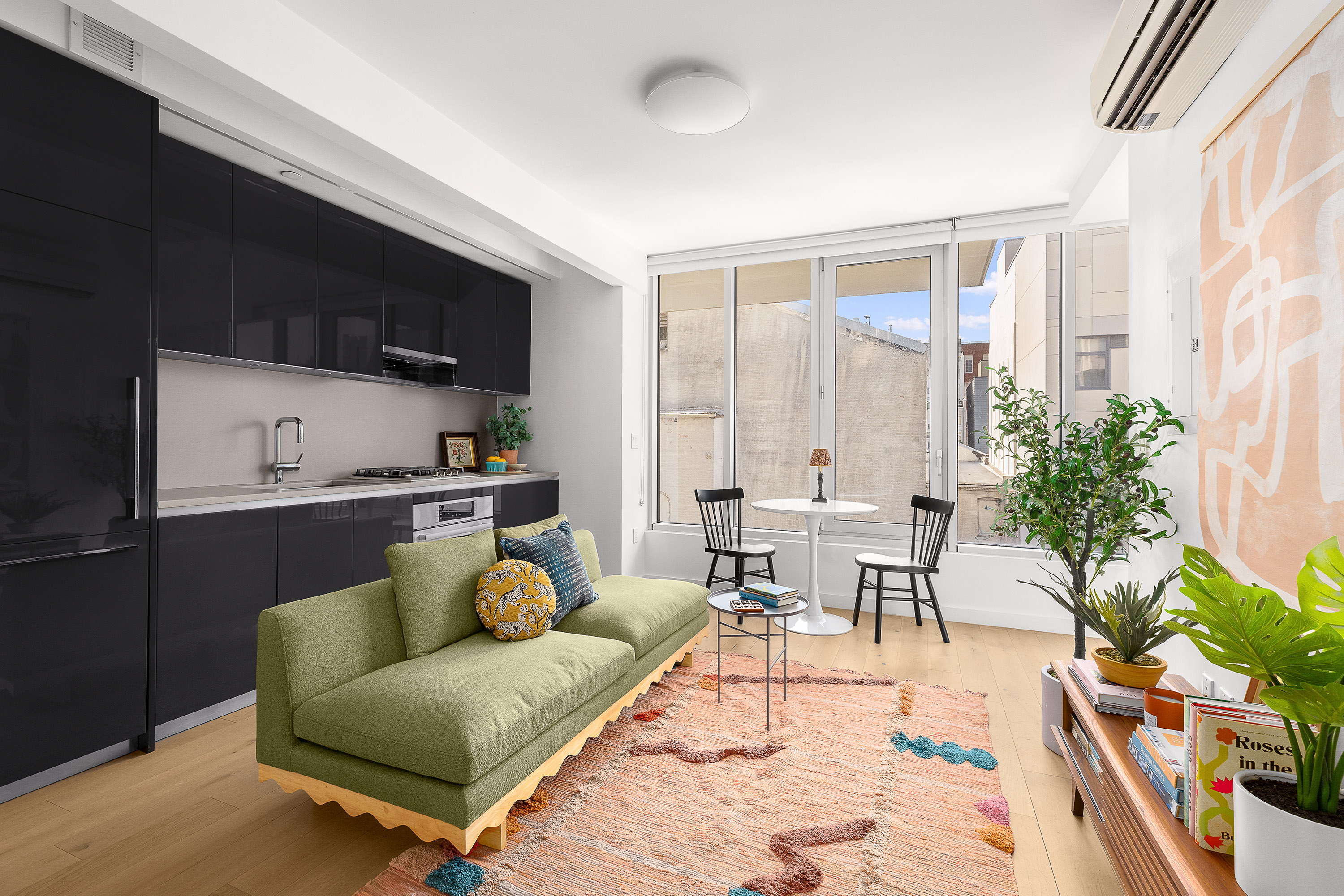 a living room with furniture potted plant and a window