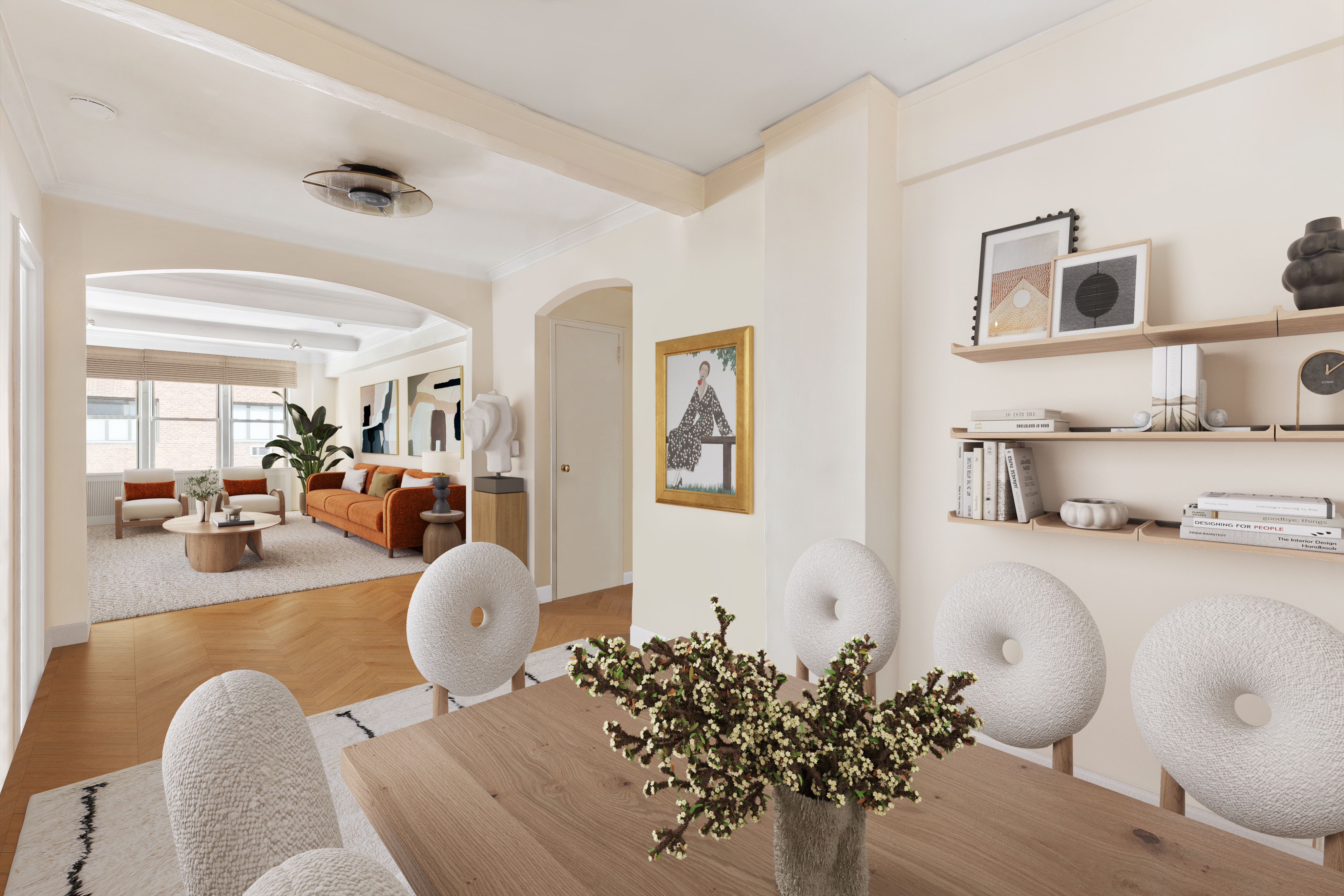 a living room with furniture potted plant and a chandelier