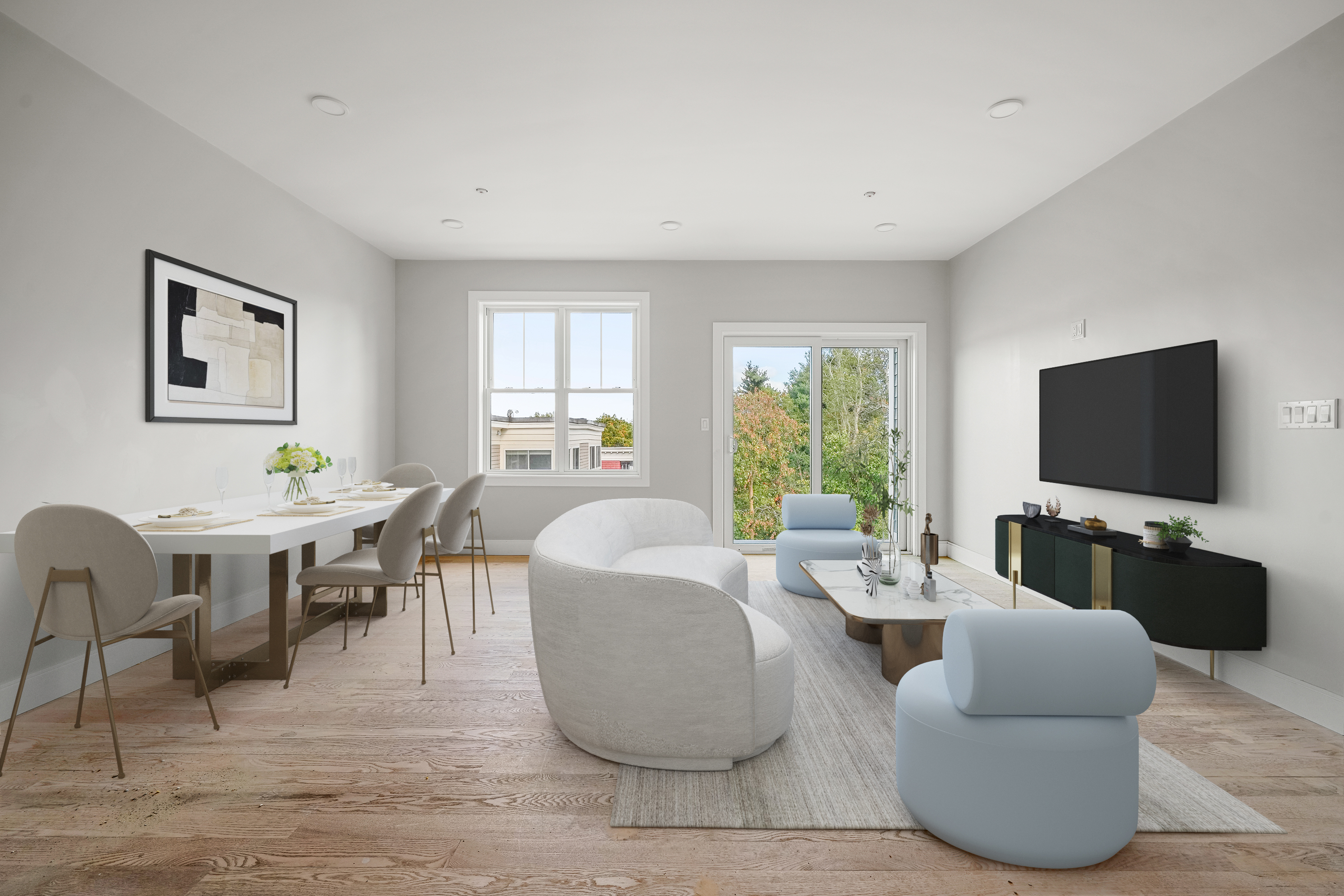 a living room with furniture a flat screen tv and a large window