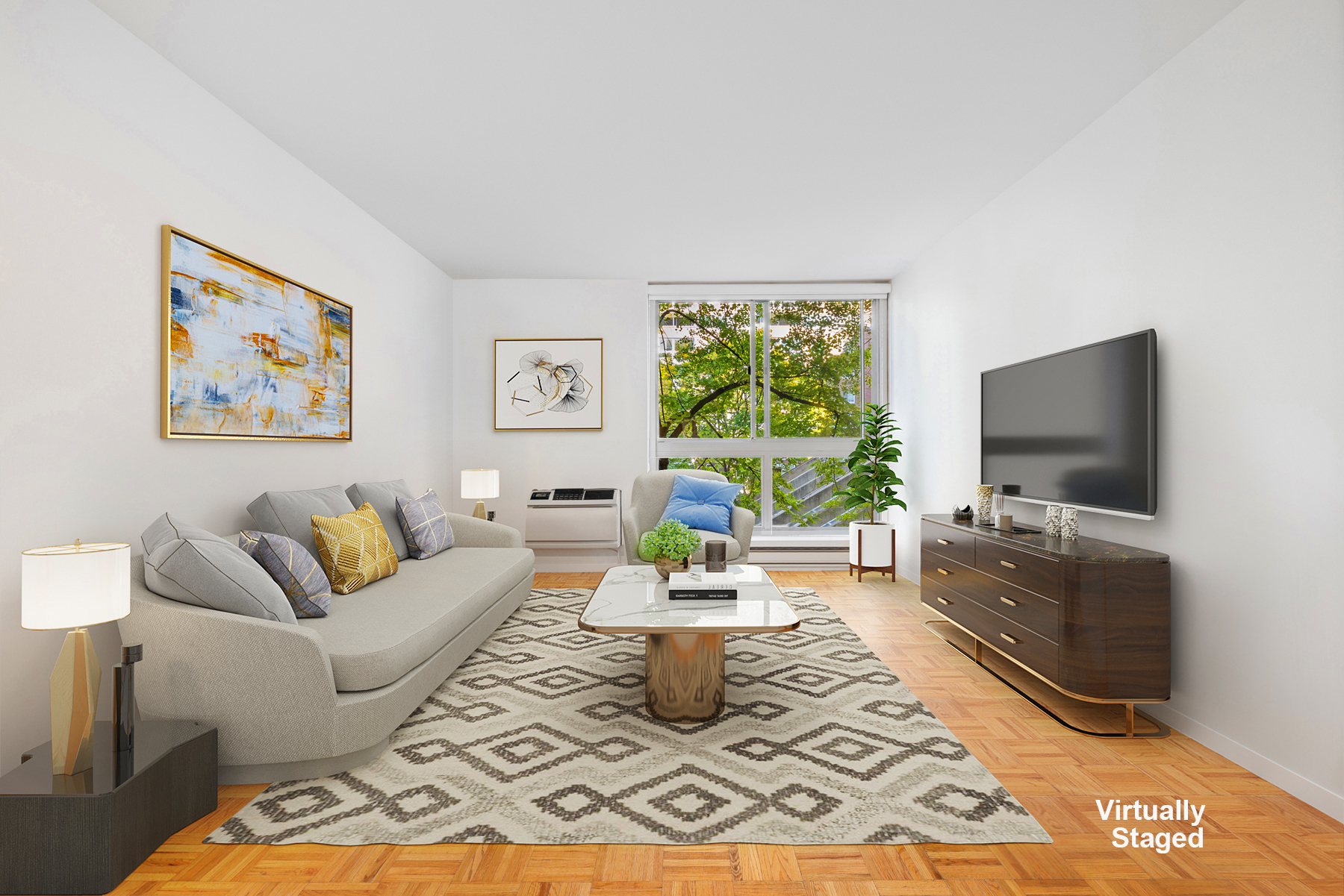 a living room with furniture a flat screen tv and a window