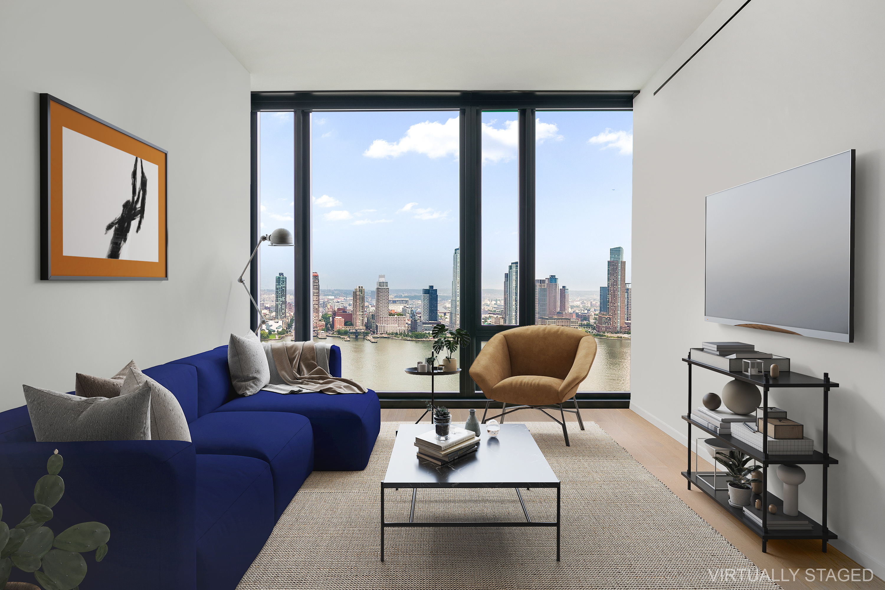 a living room with furniture and floor to ceiling window