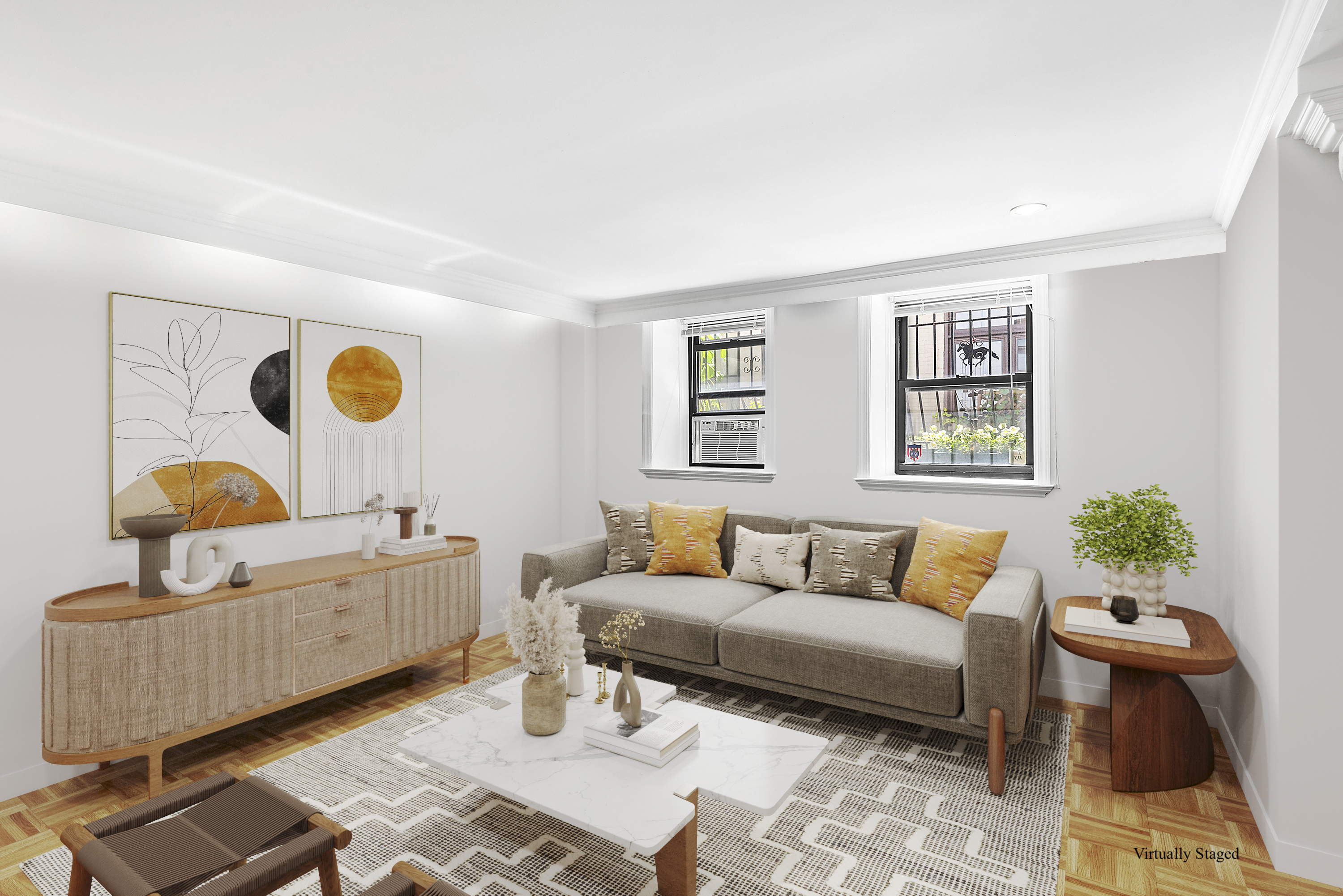 a living room with furniture and wooden floor