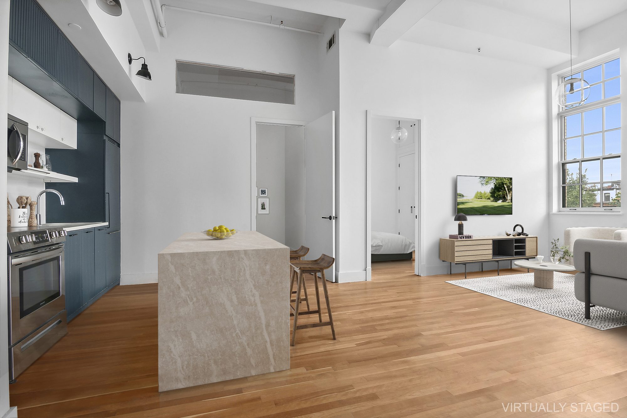 a living room with furniture and a table