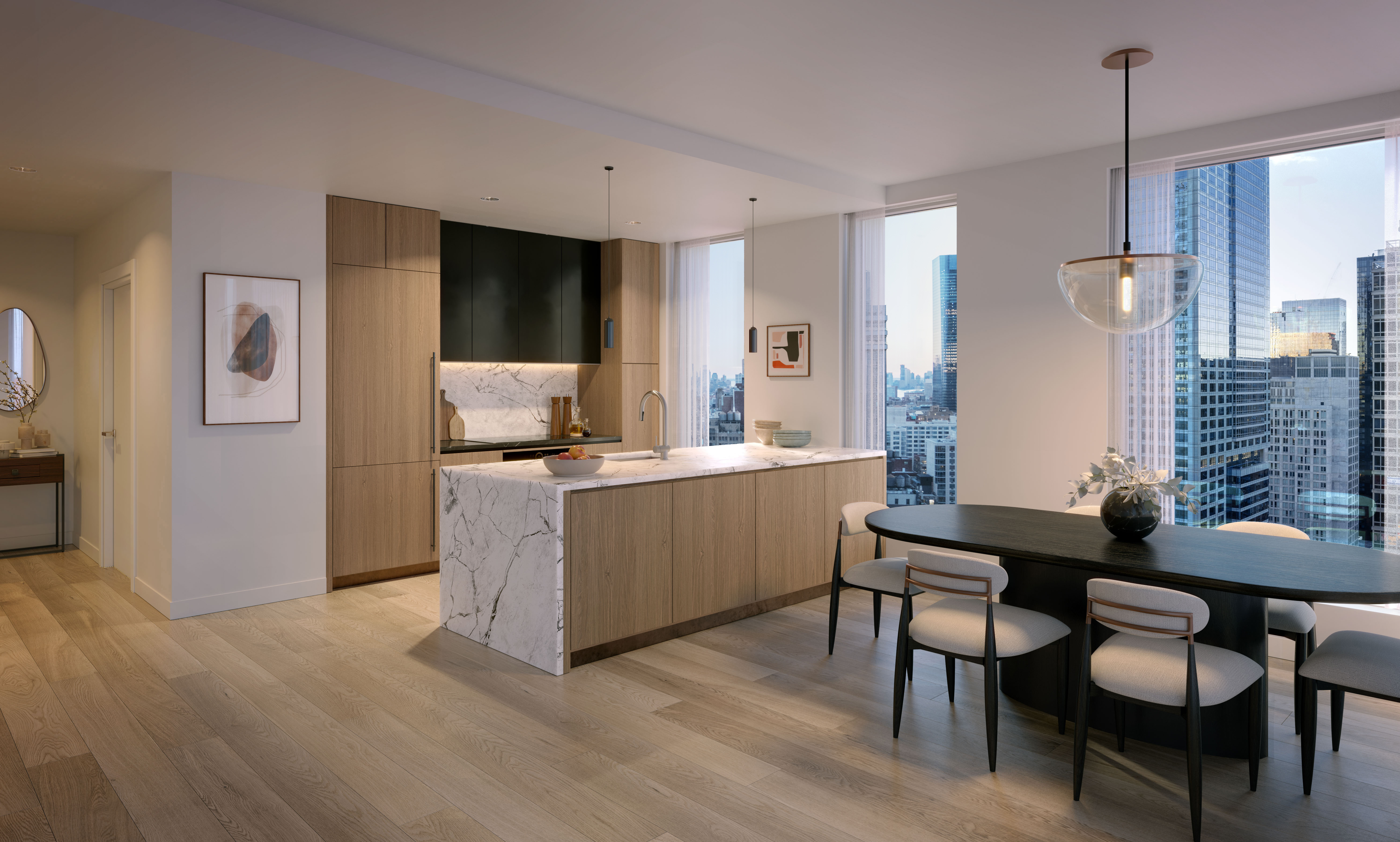 a kitchen with a table chairs refrigerator and cabinets