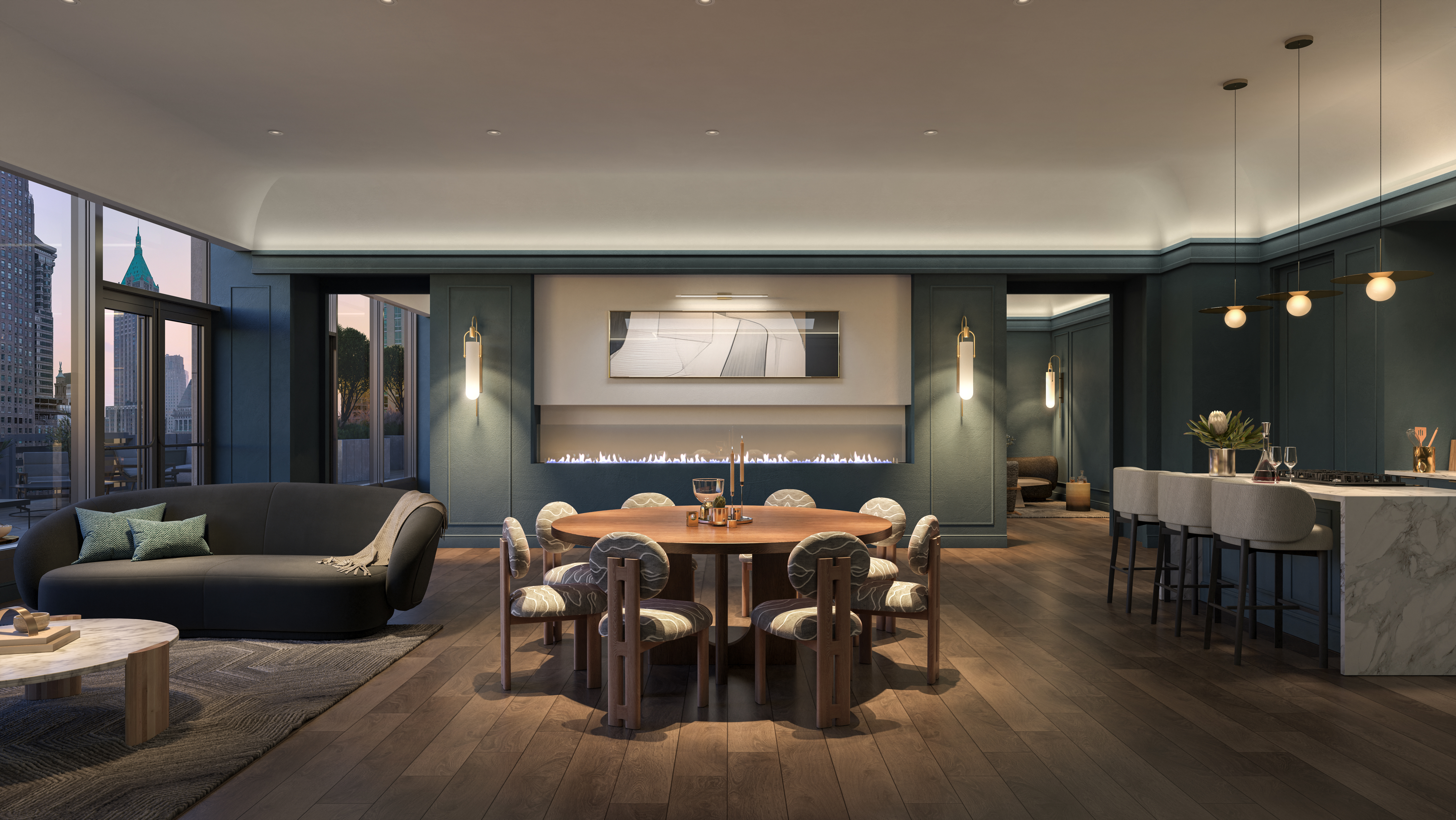 a view of a dining room with furniture and chandelier