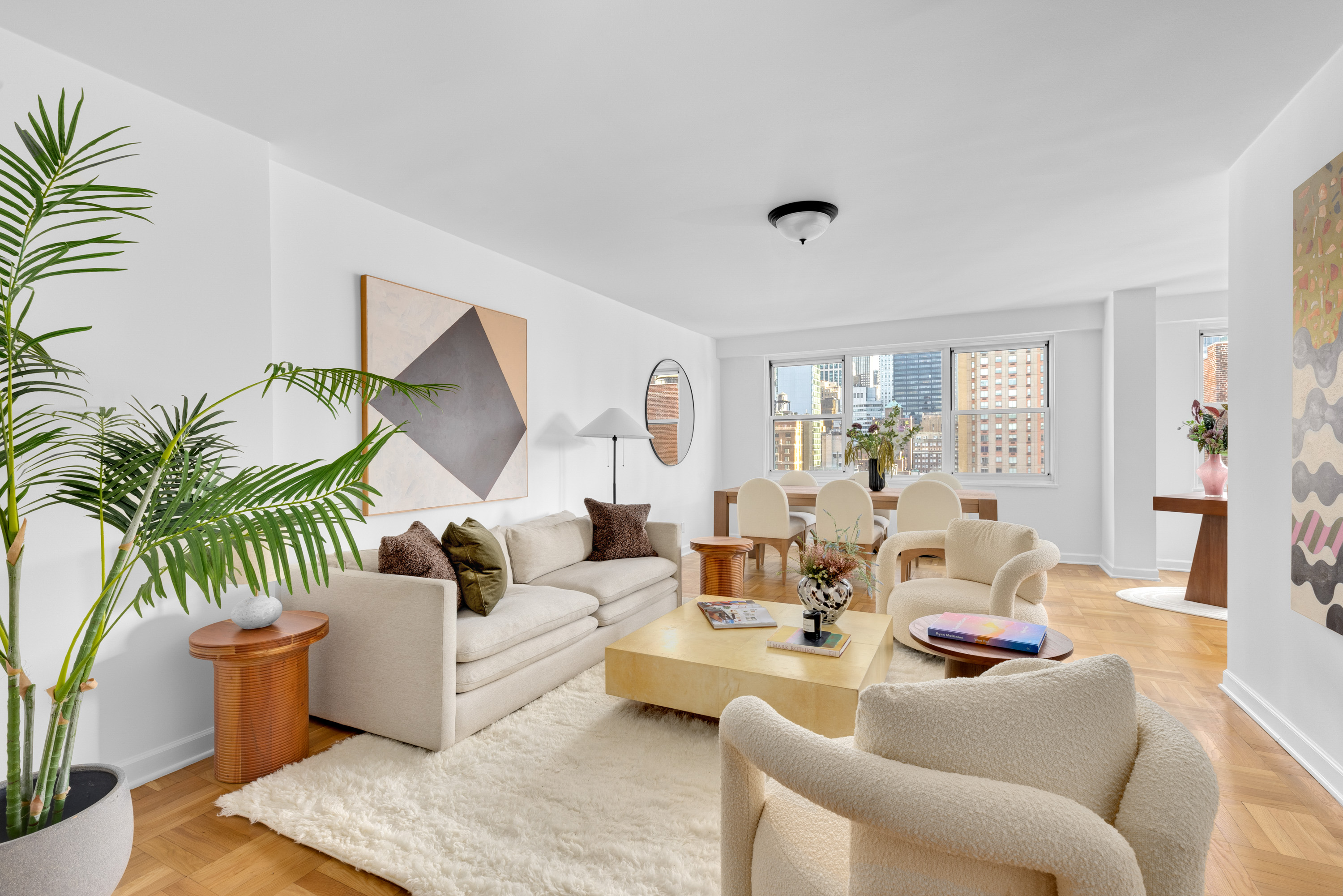 a living room with furniture potted plant and a rug