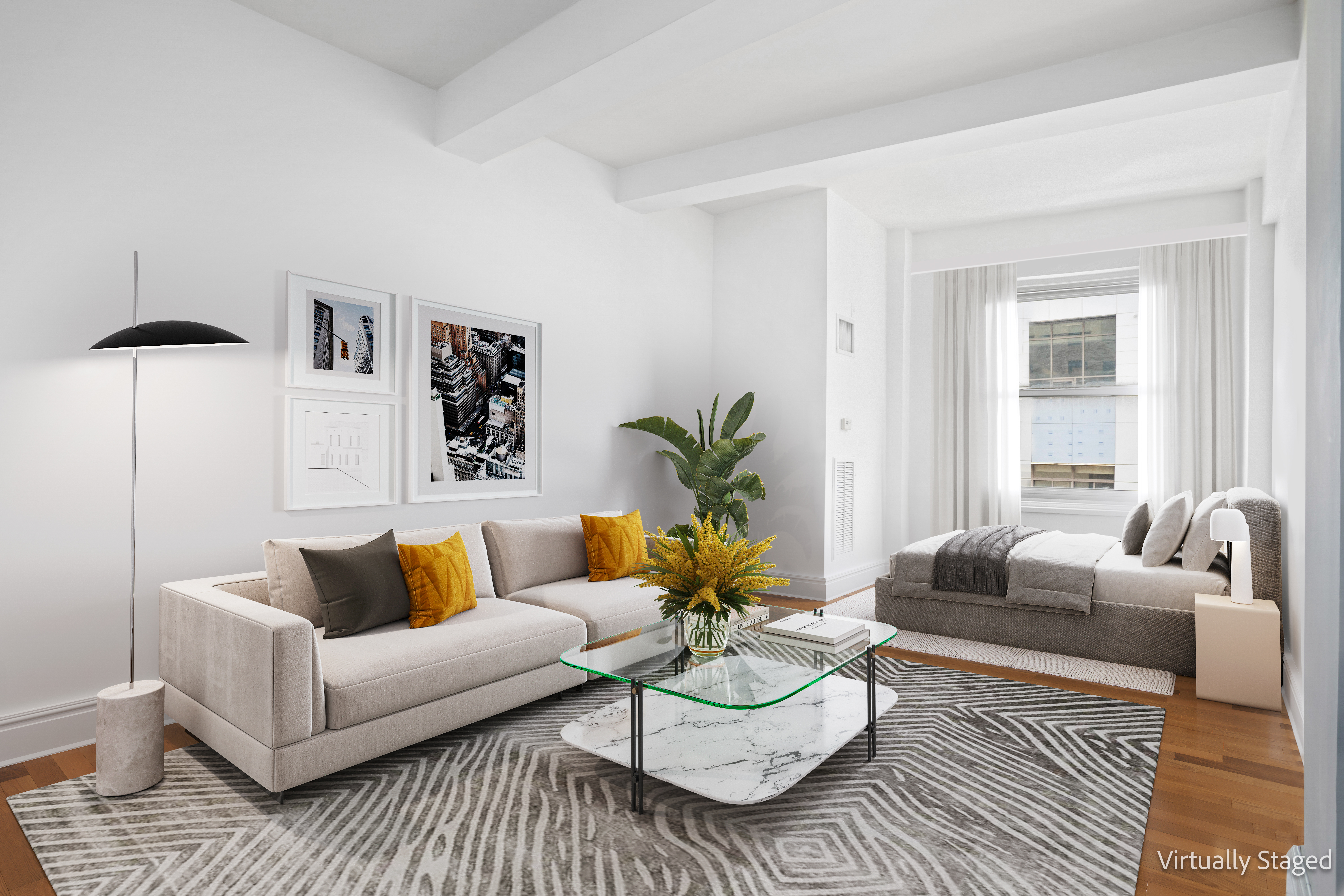 a living room with furniture and a large window