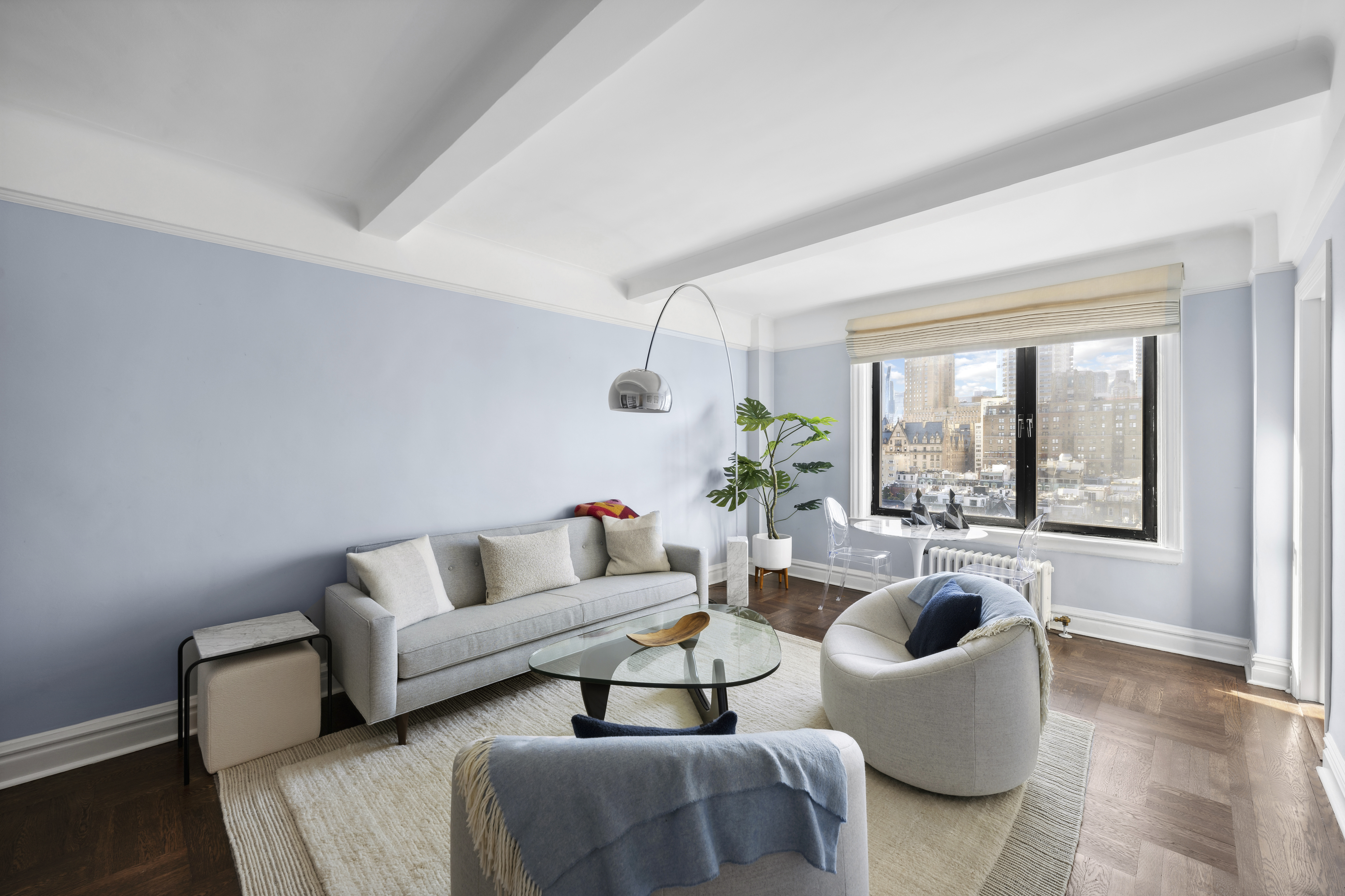 a living room with furniture and a potted plant