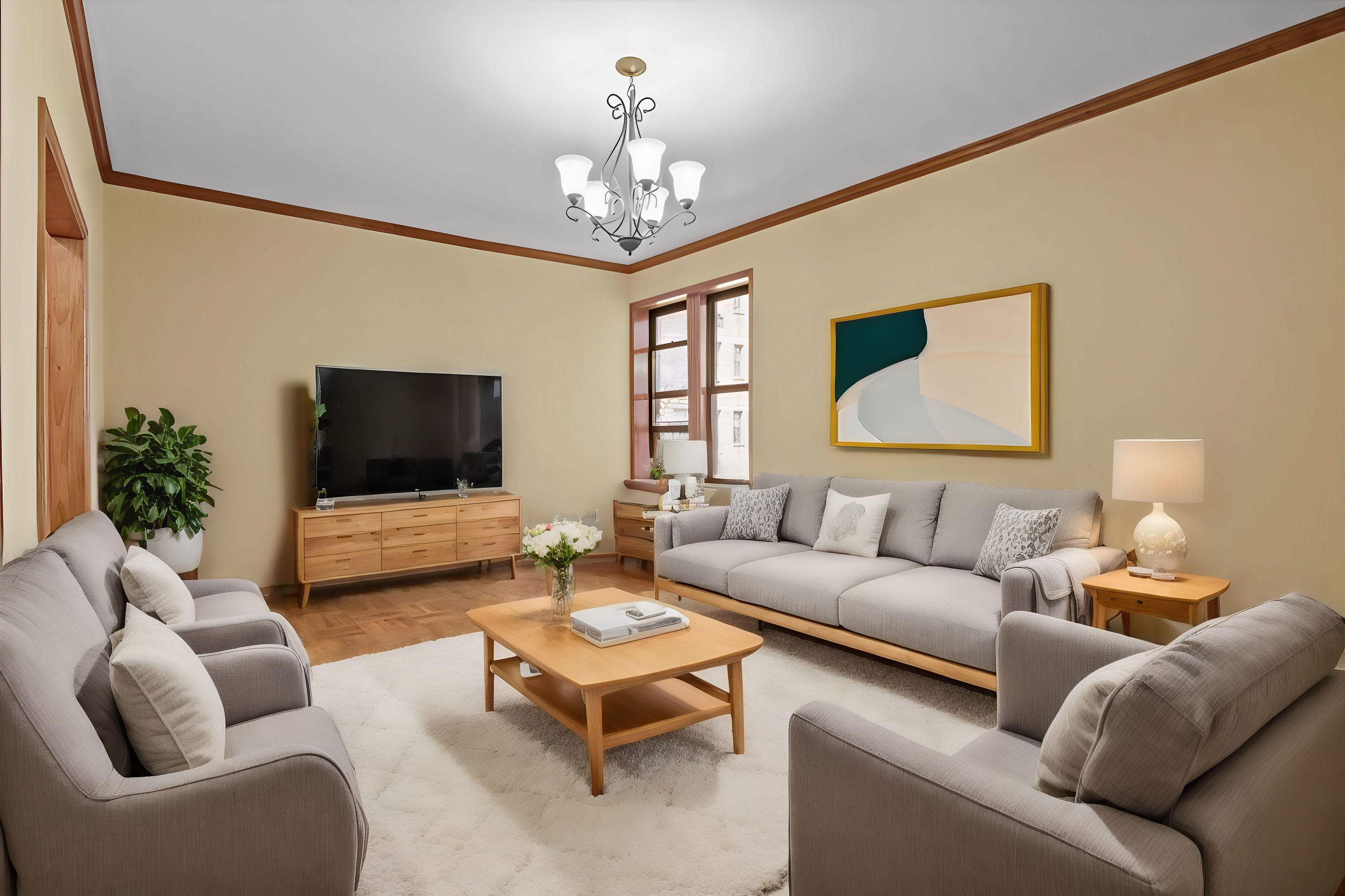 a living room with furniture a chandelier and a flat screen tv