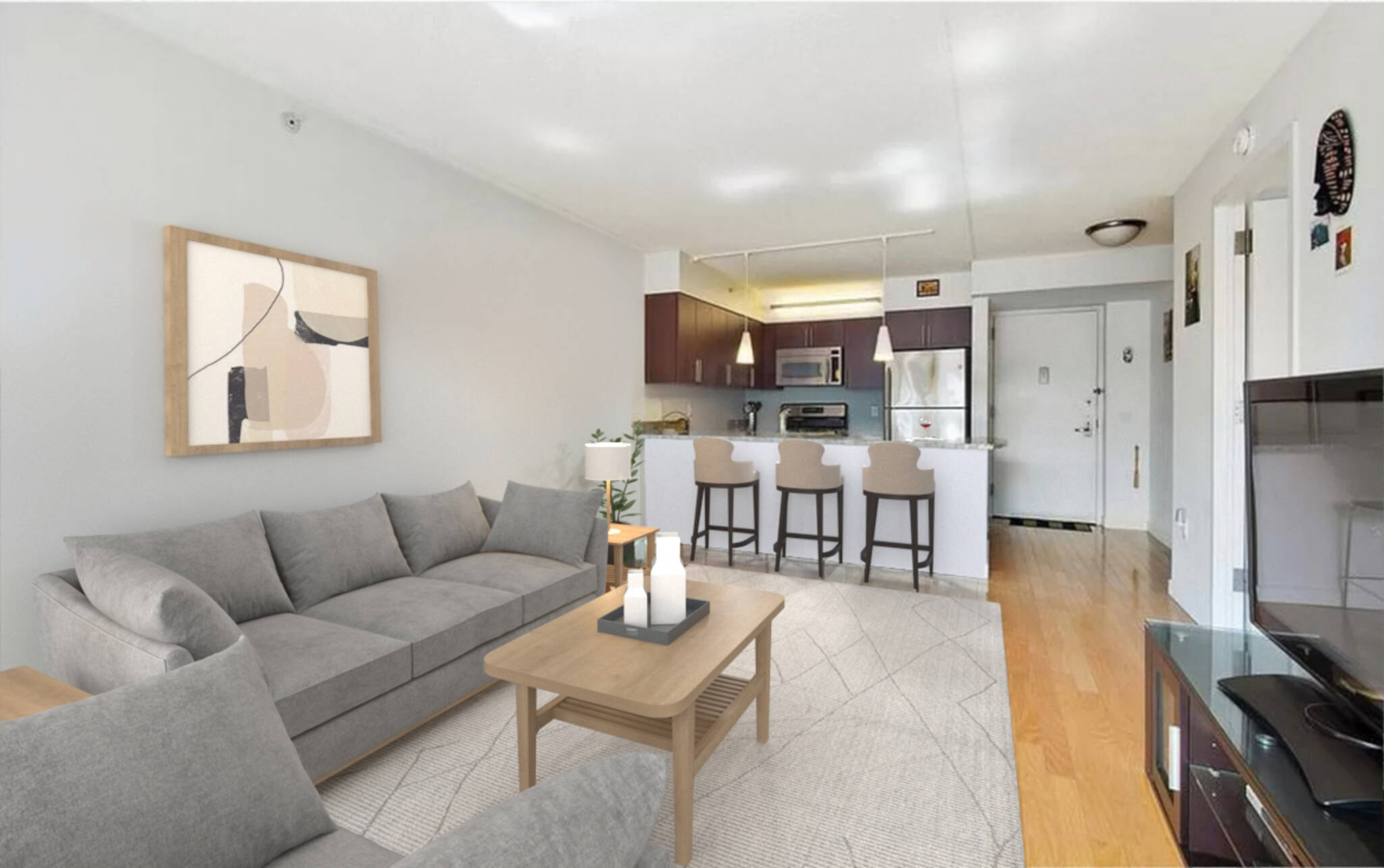 a living room with furniture a fireplace and a flat screen tv