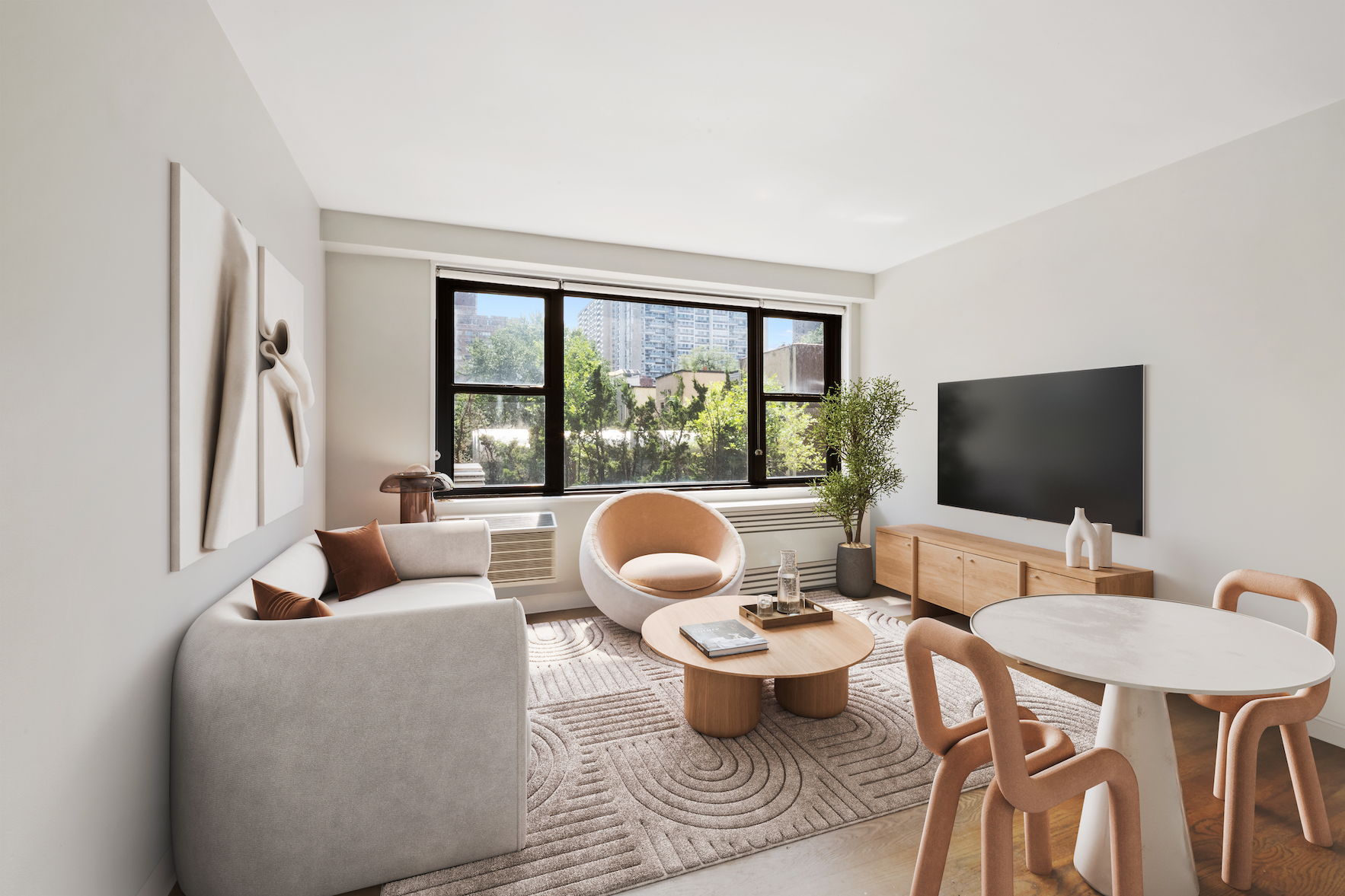 a living room with furniture a large window and a flat screen tv