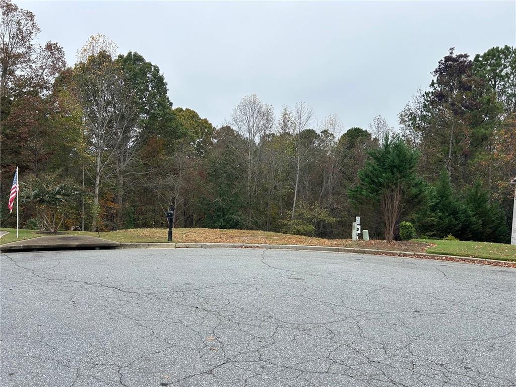 a view of a field with trees in the background