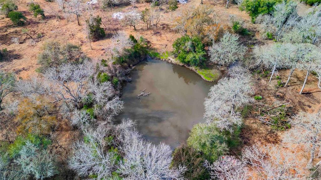 a aerial view of a house with a yard and trees all around