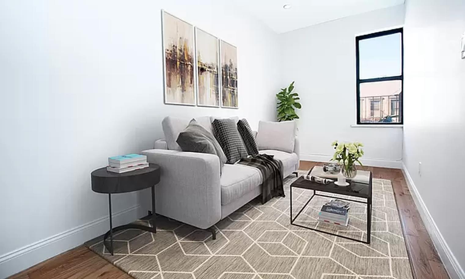 a living room with furniture and a potted plant