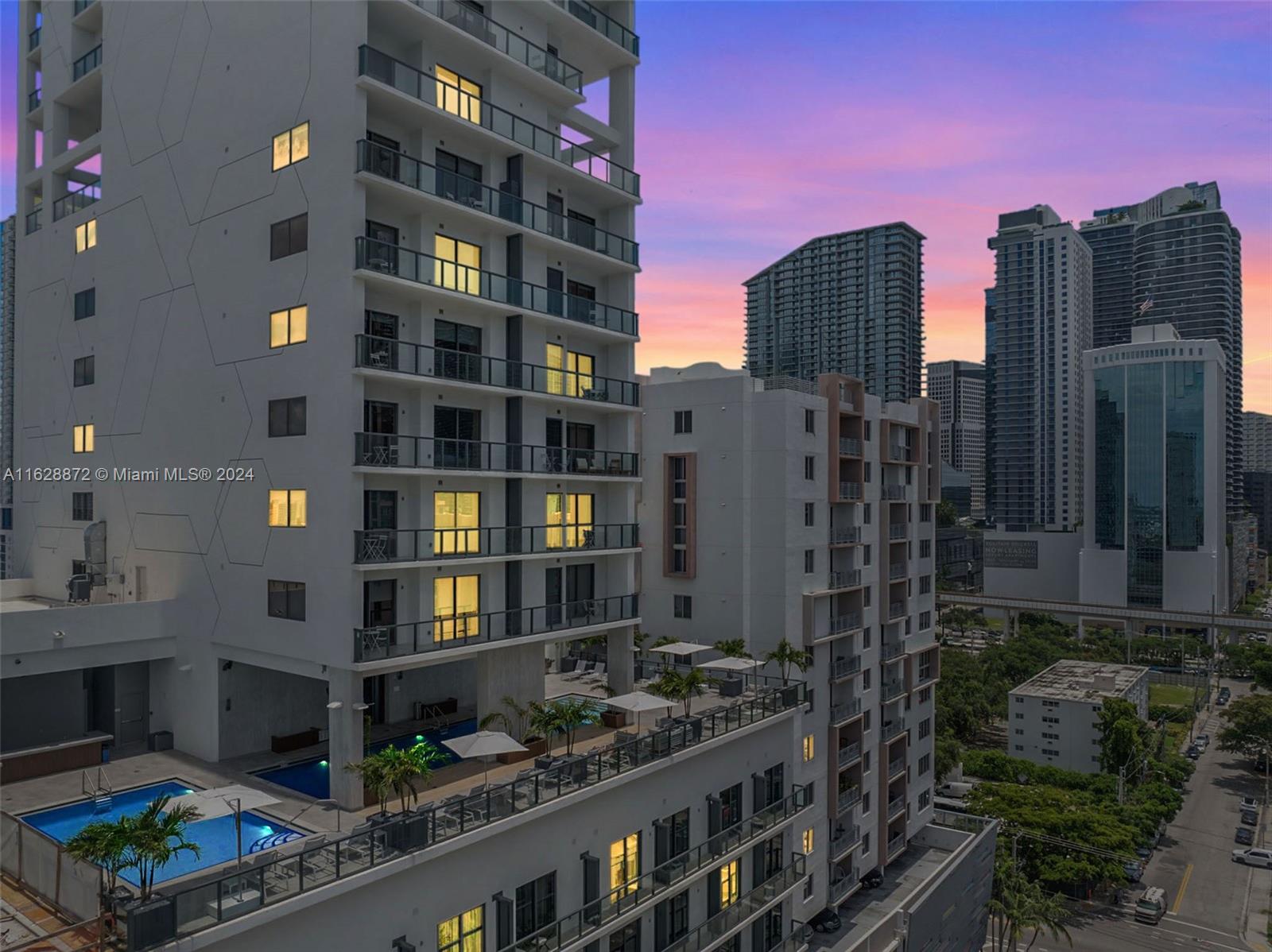 a city view with tall buildings